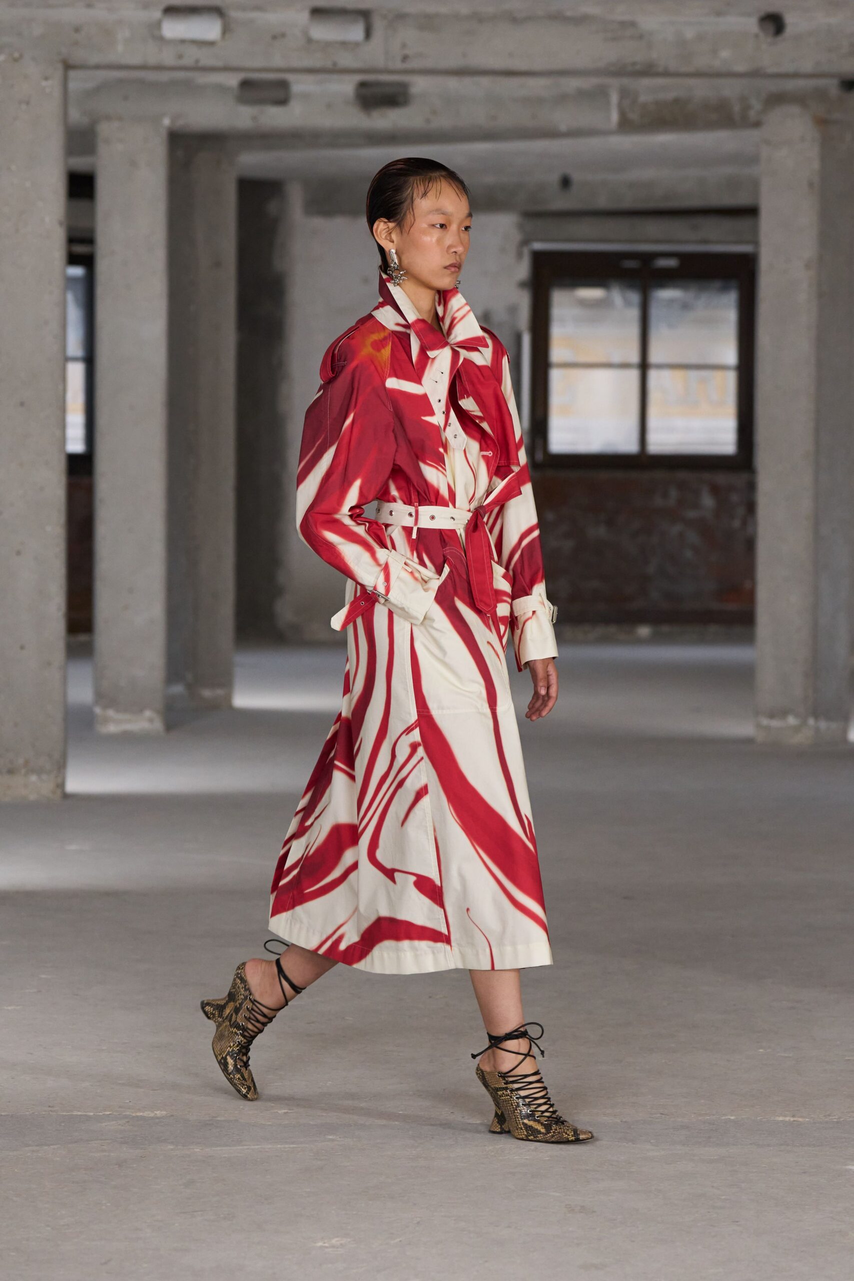 red and white printed midi dress with lace-up shoes