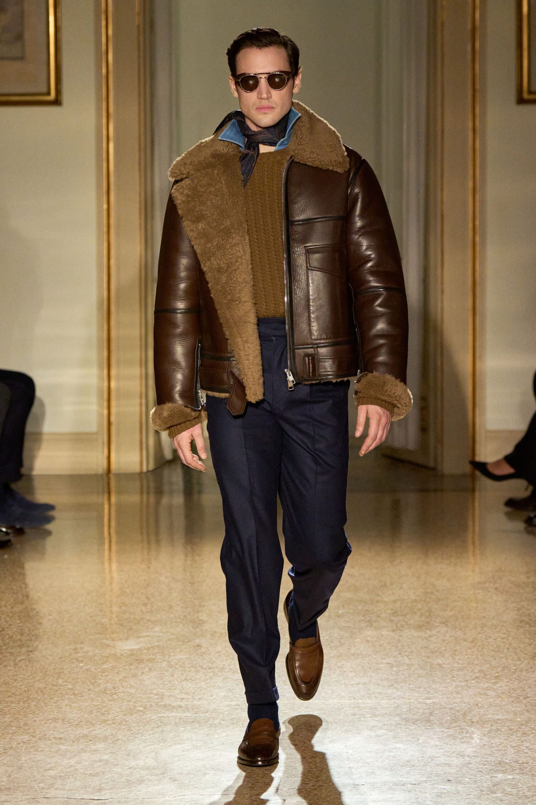 brown leather jacket with sweater