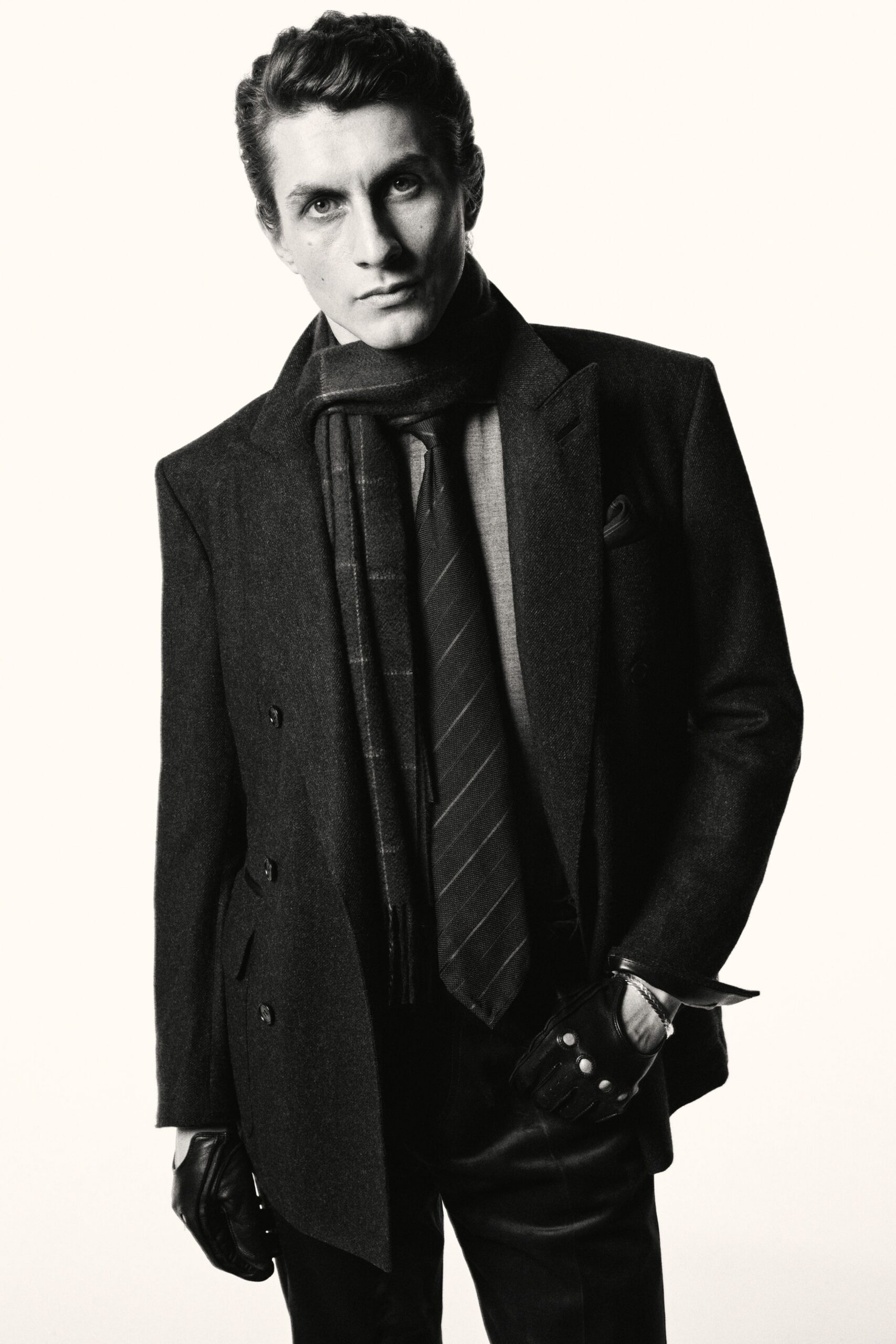 black tailored blazer with scarf