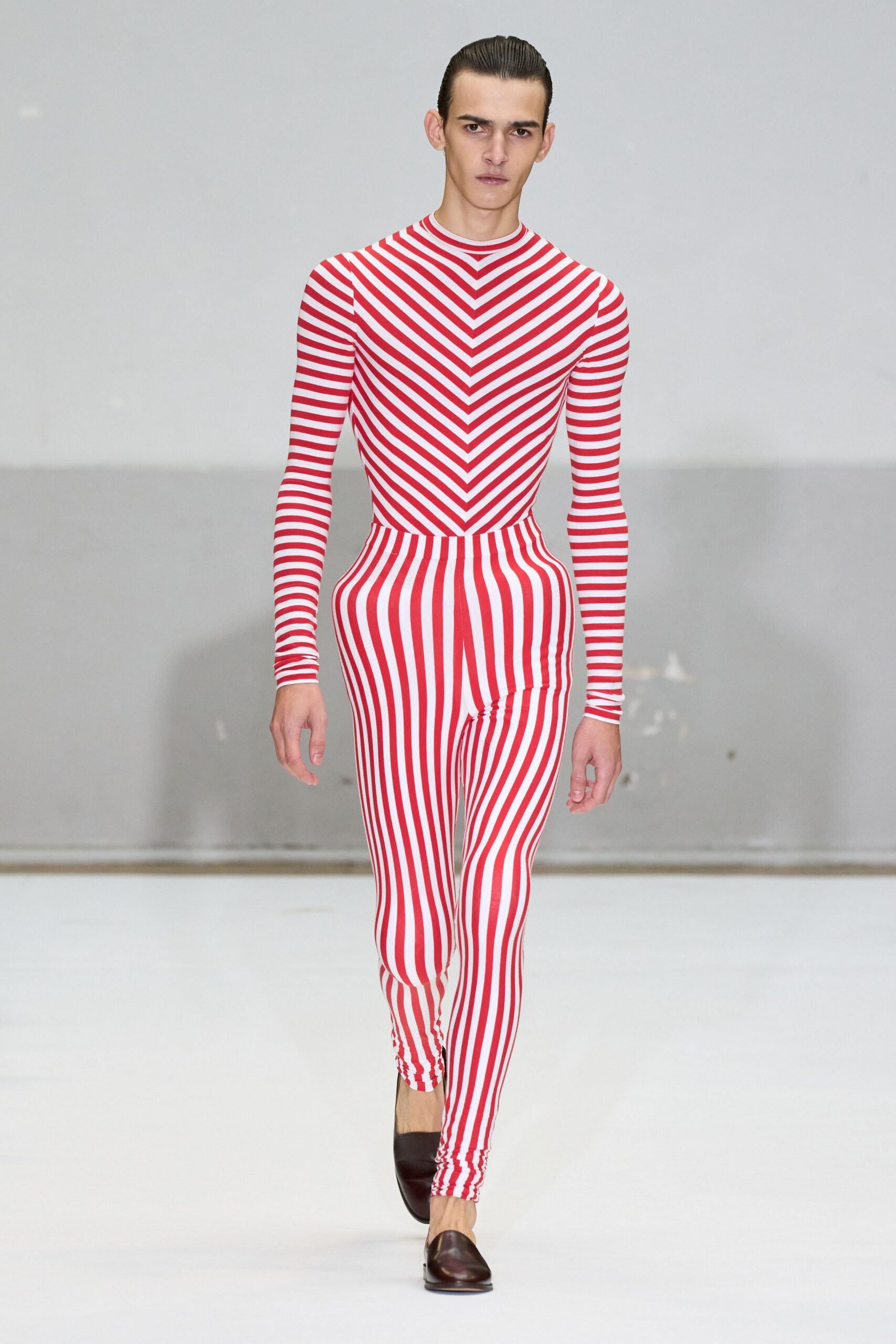 red and white striped catsuit