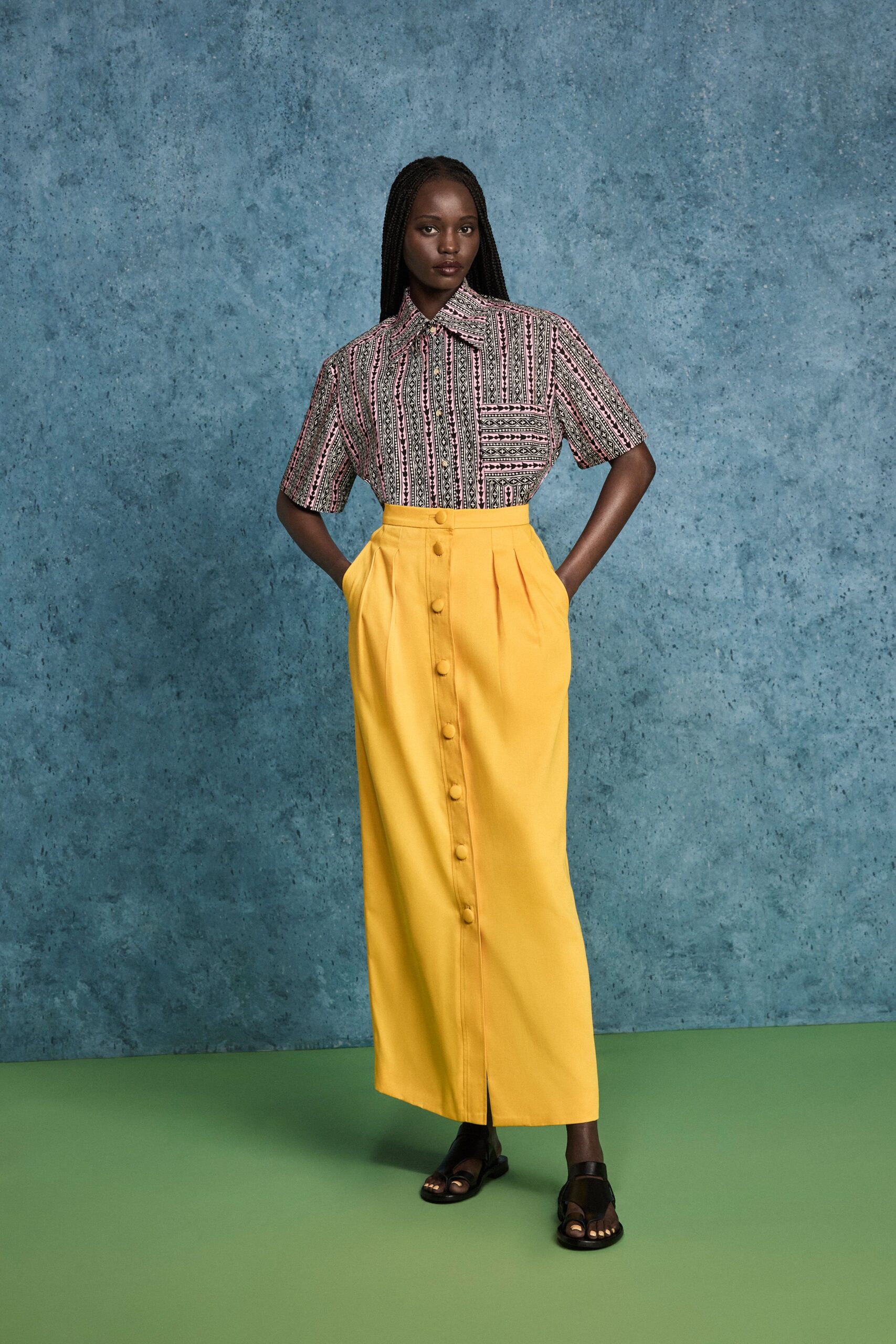 yellow fitted buttoned straight-leg maxi skirt