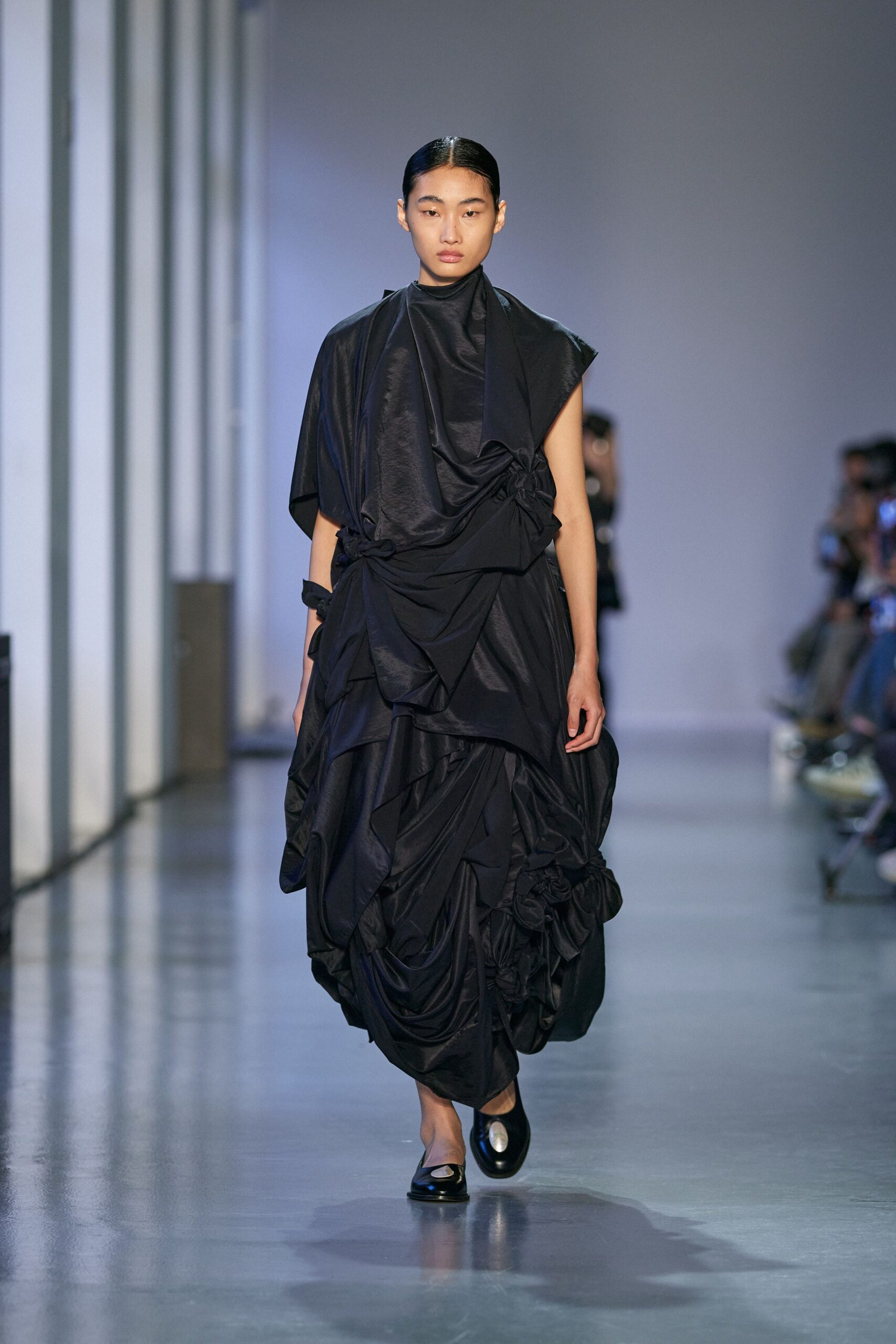 black draped maxi dress with shoes