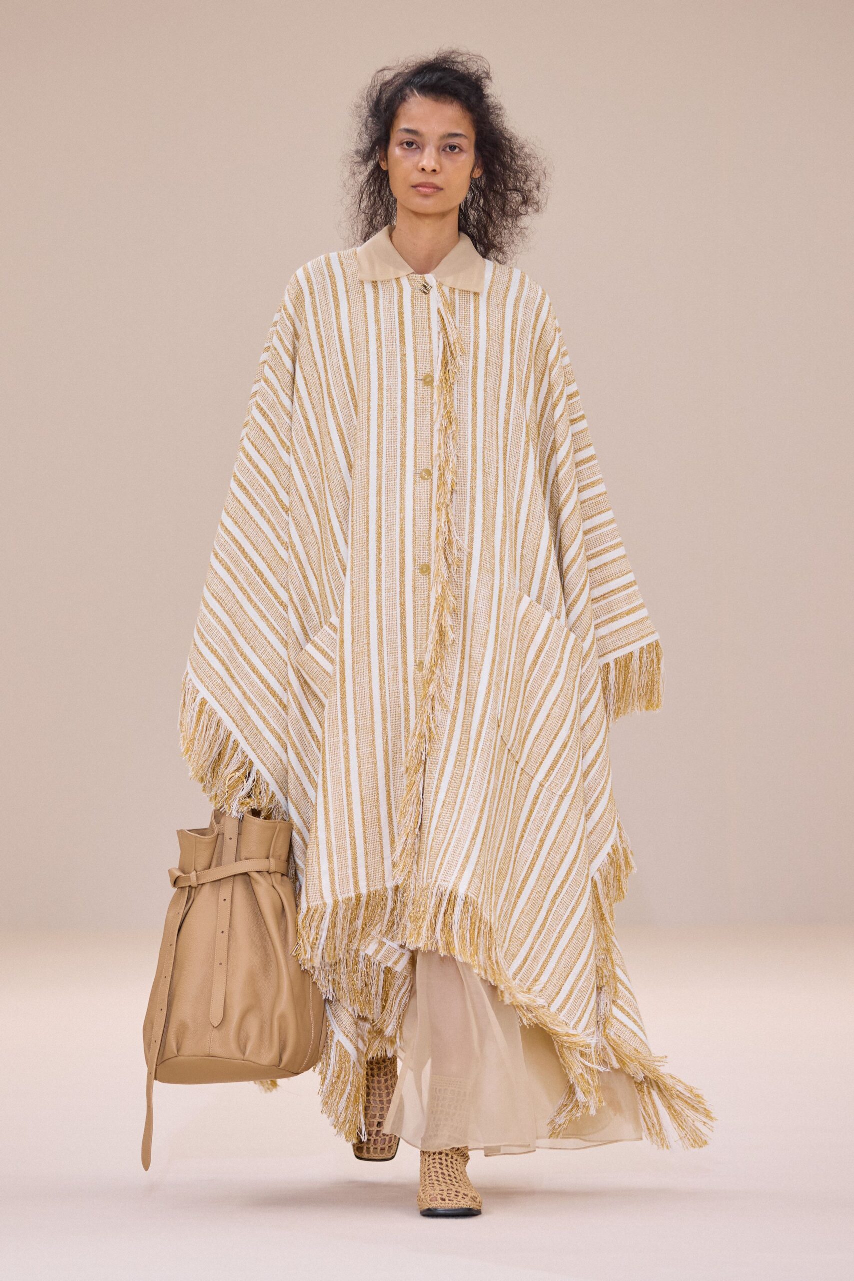 beige cotton long-sleeve collared oversized striped fringed poncho
