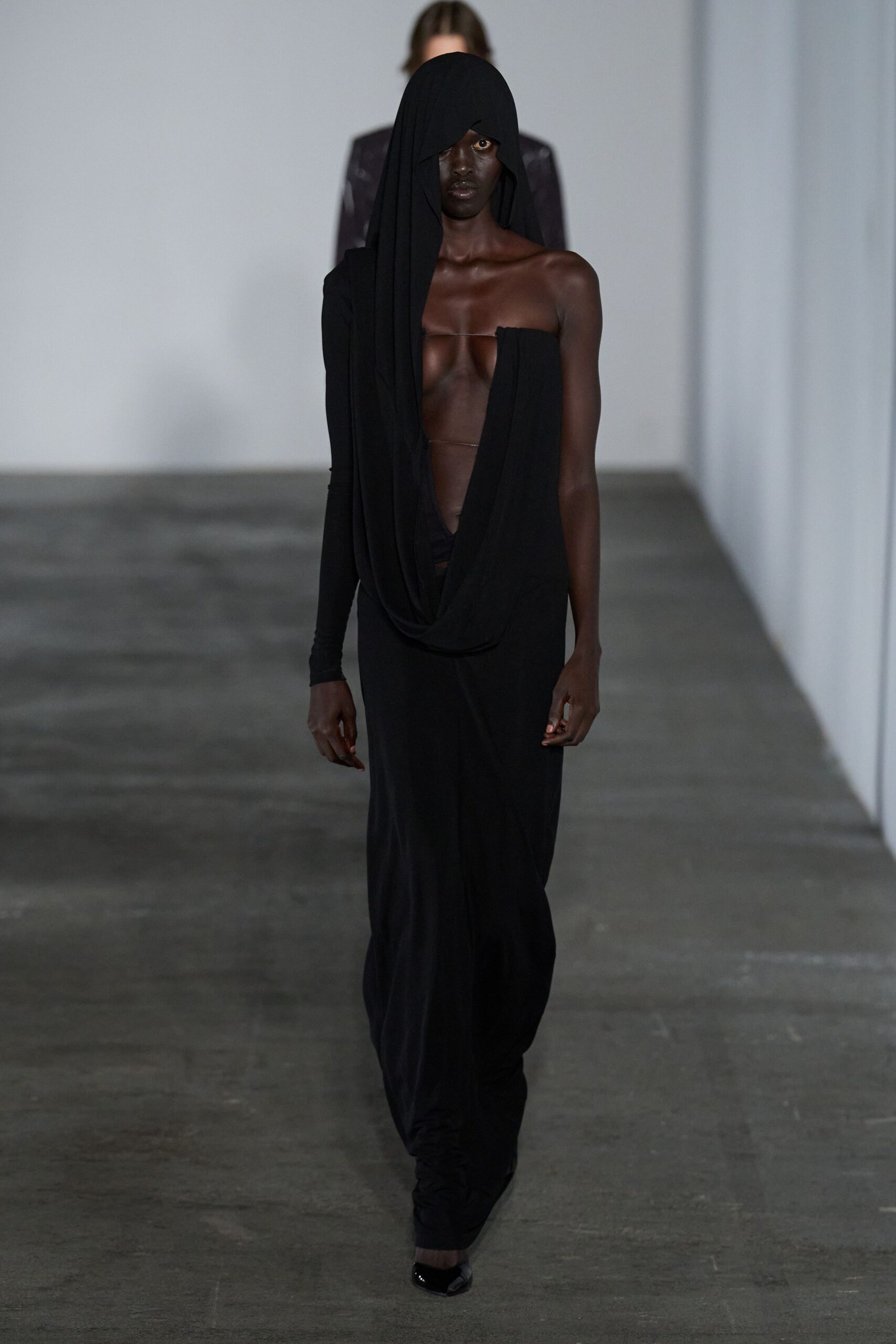 black draped gown with shoes