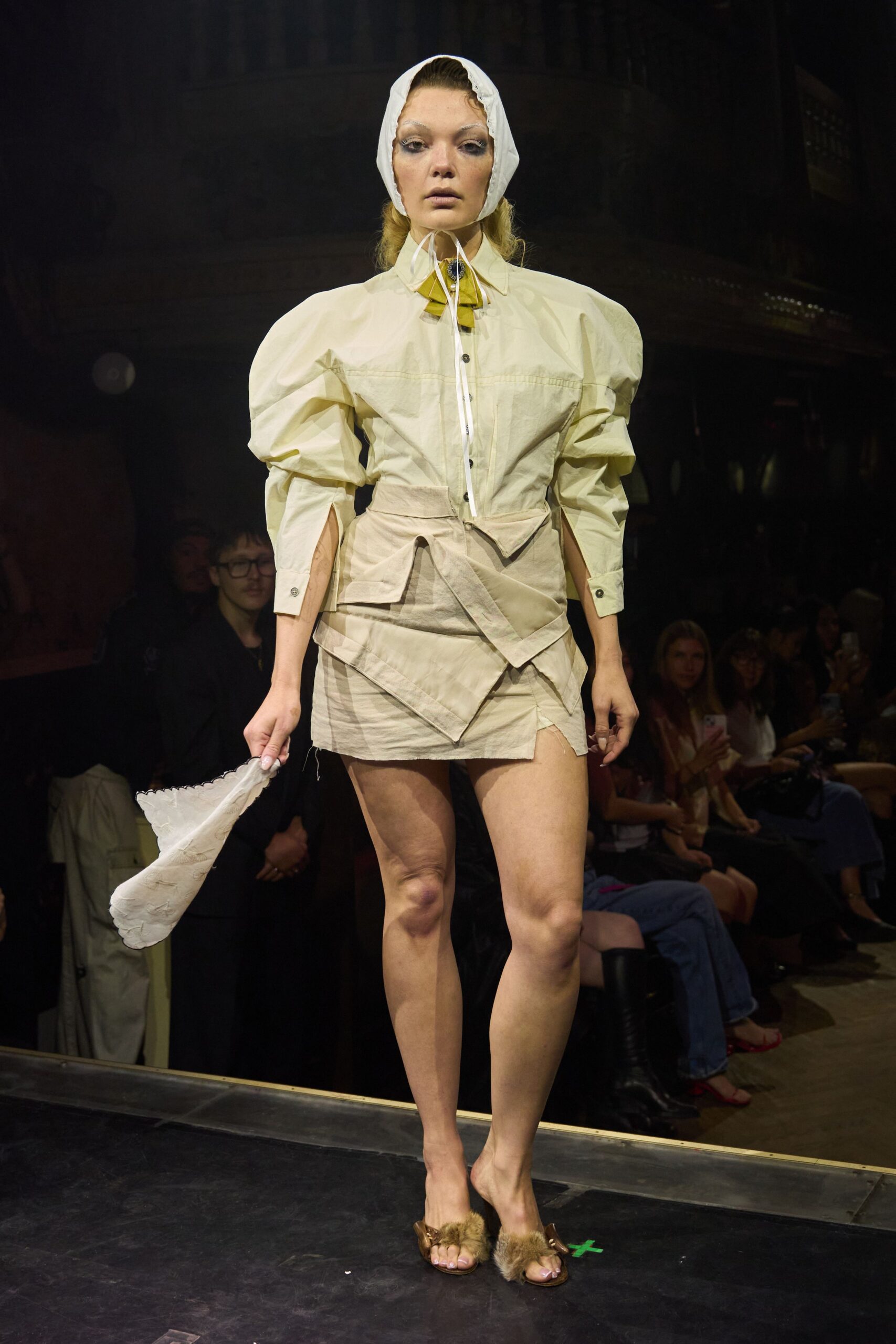 white shirt beige mini skirt