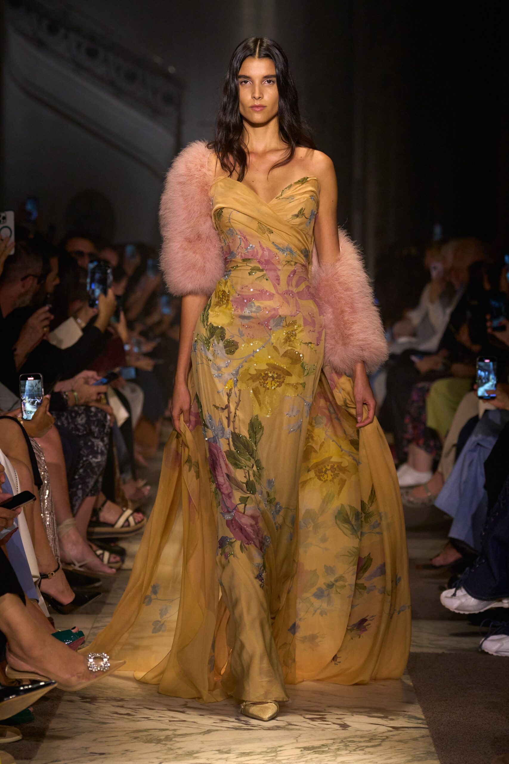 yellow floral gown with pink cape