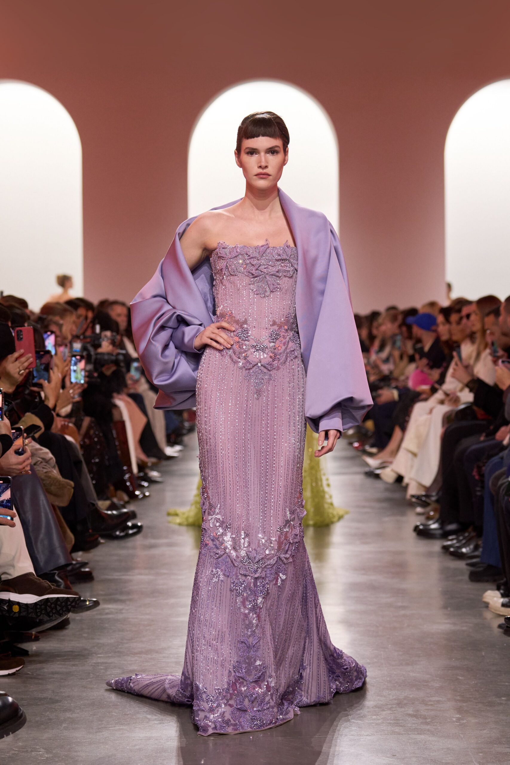 purple silk strapless fitted embroidered beaded shiny gown