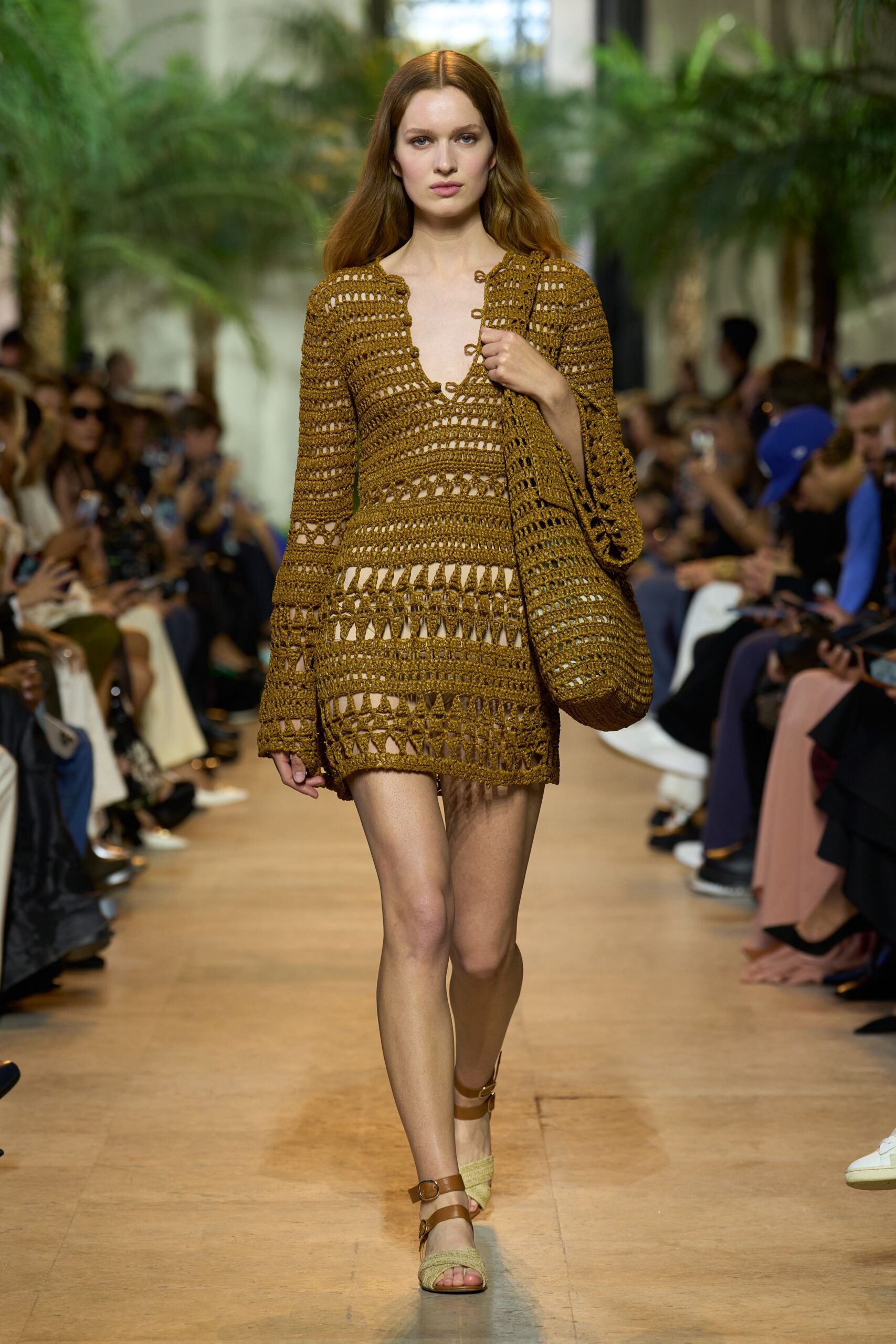 brown crochet long-sleeve v-neck fitted layered mini dress