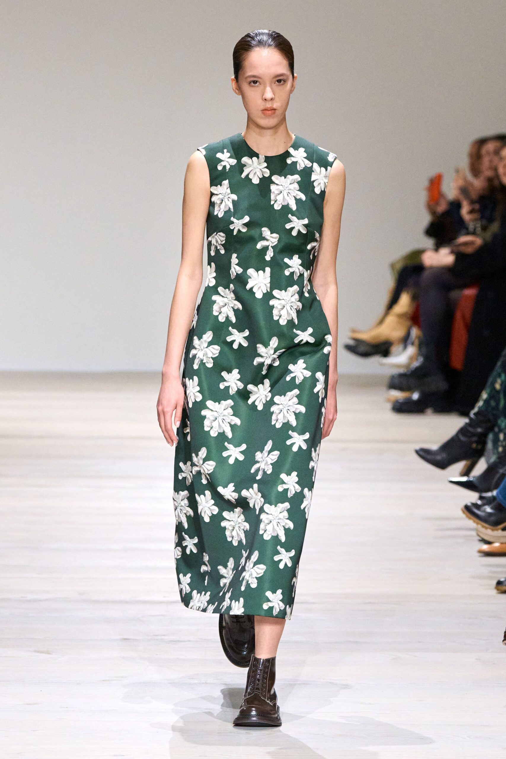 green cotton sleeveless high-neck fitted floral a-line dress