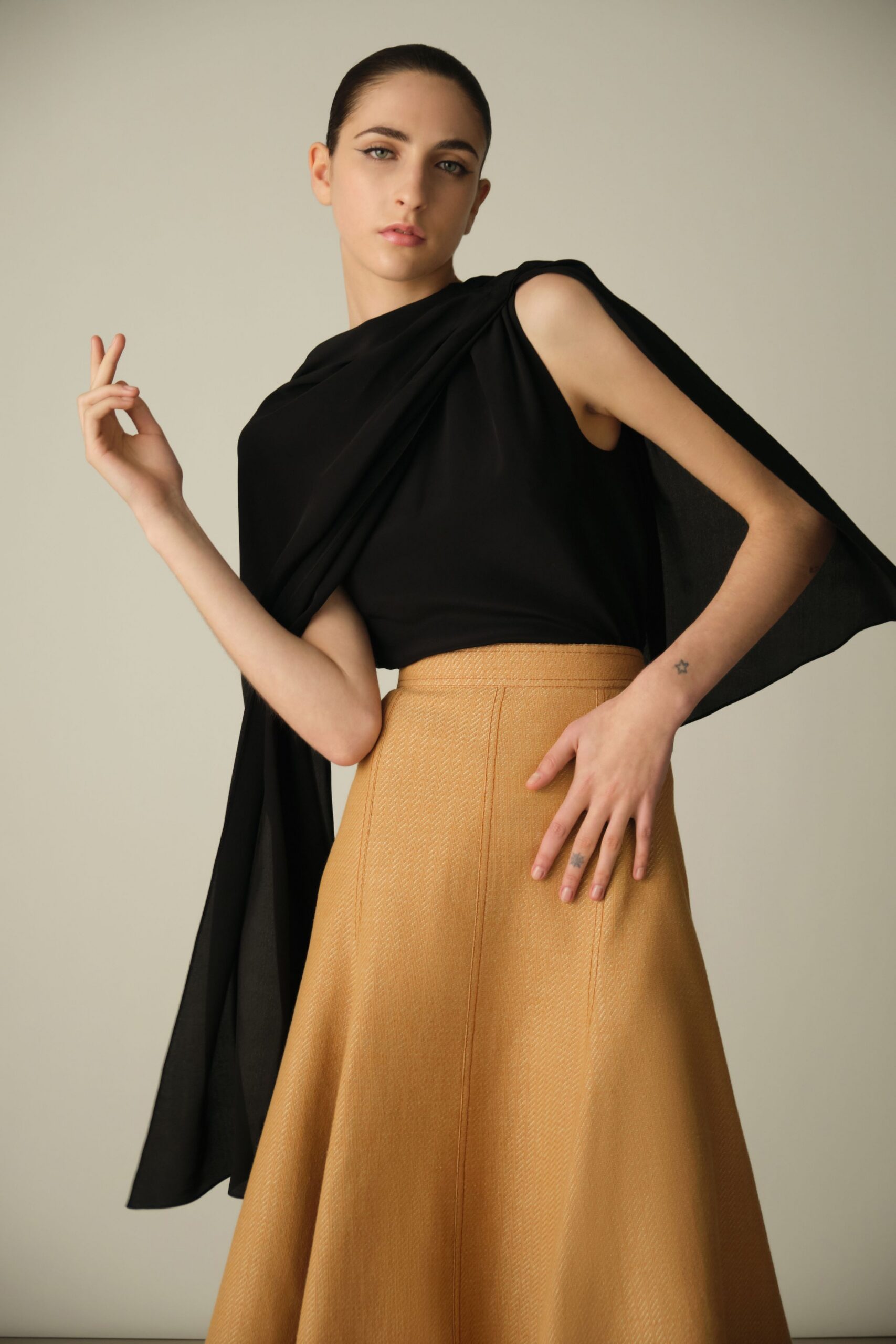 gold silk fitted a-line midi skirt