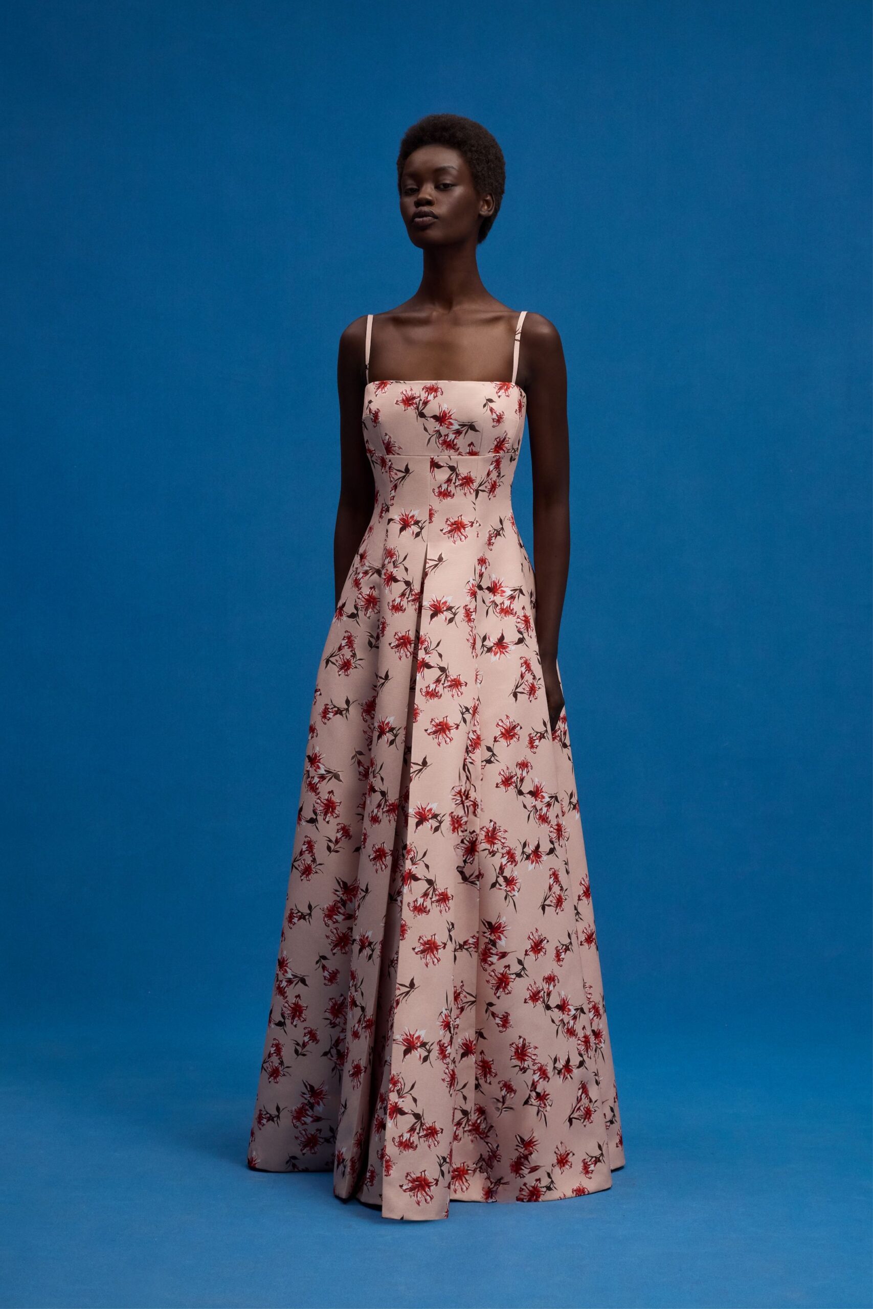 pink floral sleeveless gown