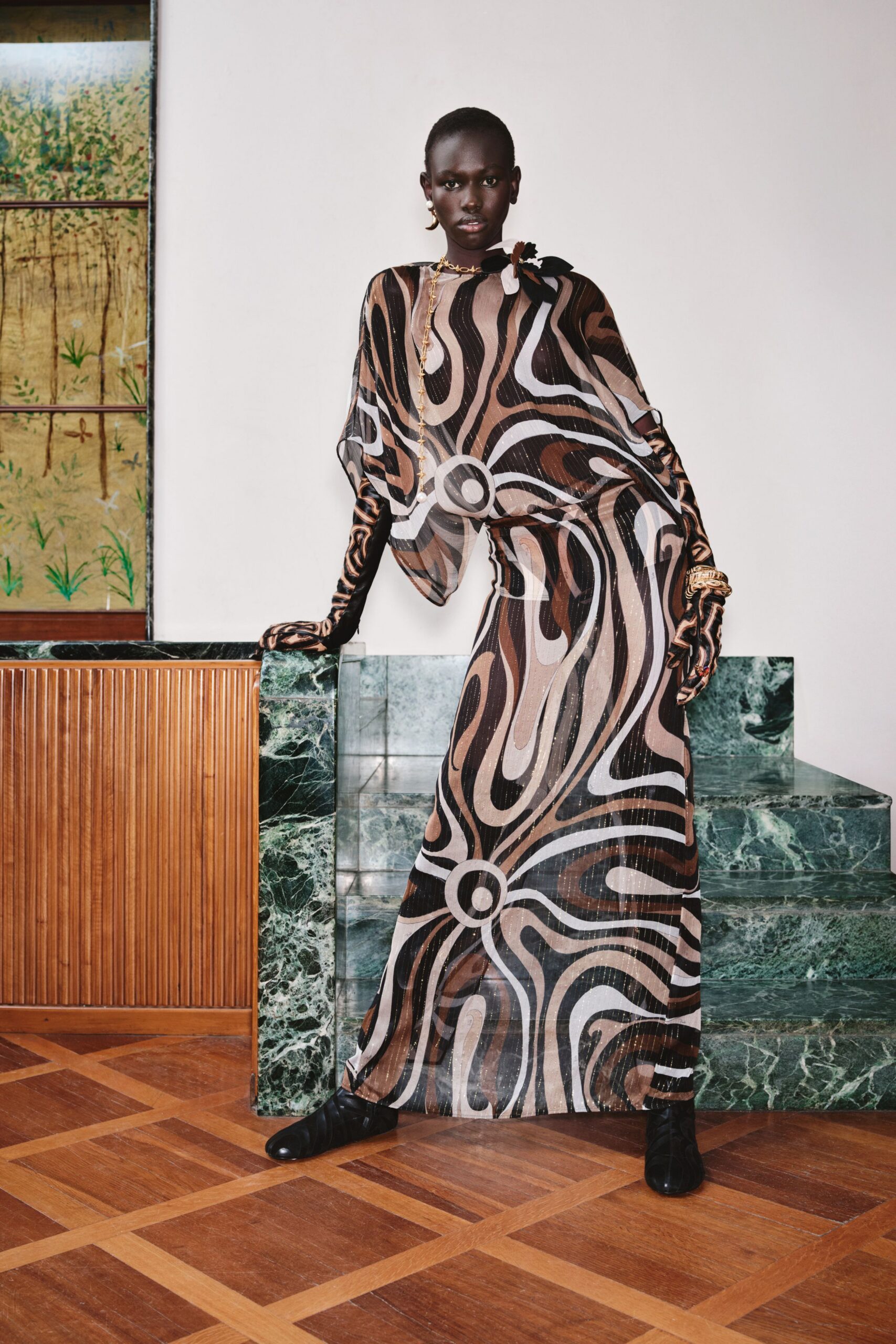 brown chiffon long-sleeve v-neck relaxed printed sheer dress