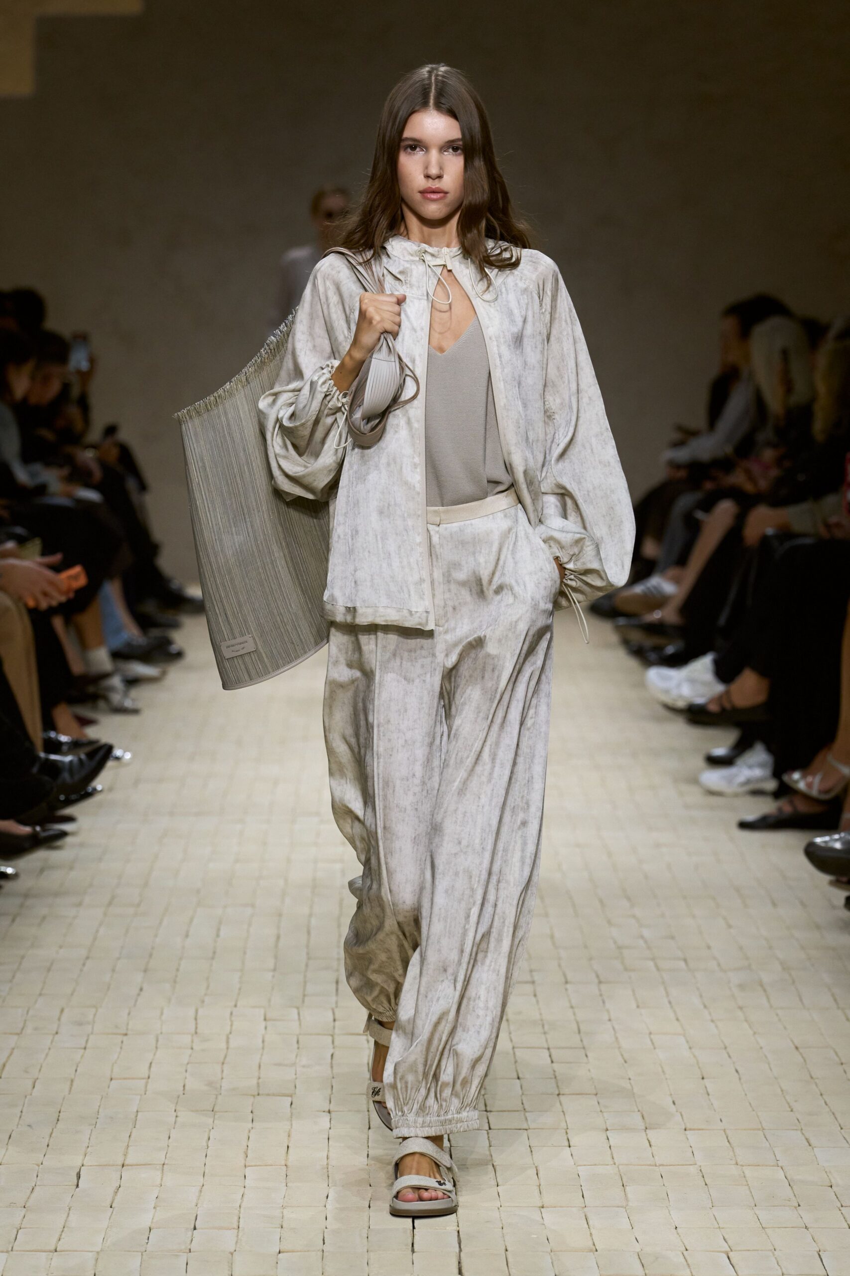 beige silk long-sleeve collared relaxed layered jacket