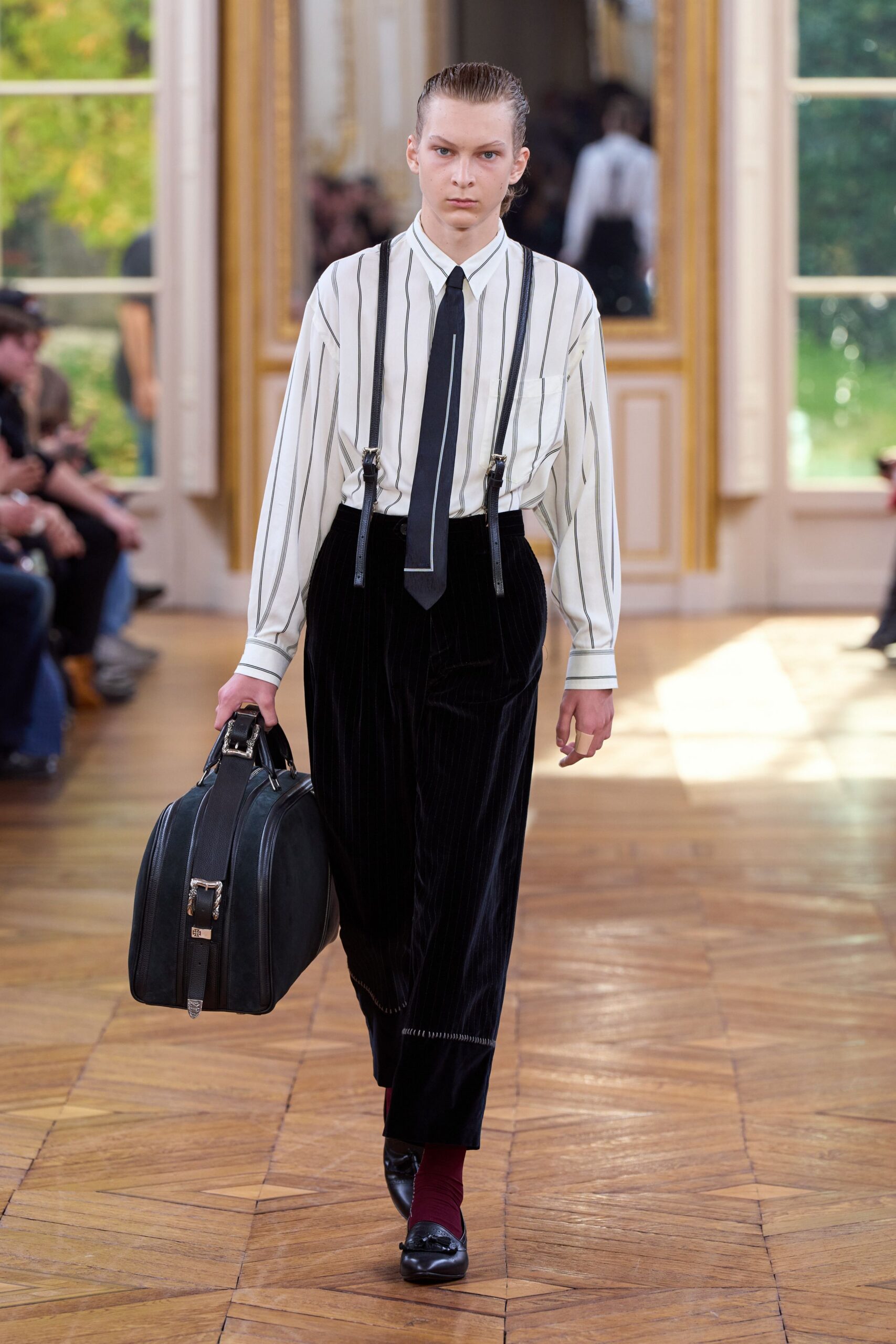 black velvet pants with striped shirt