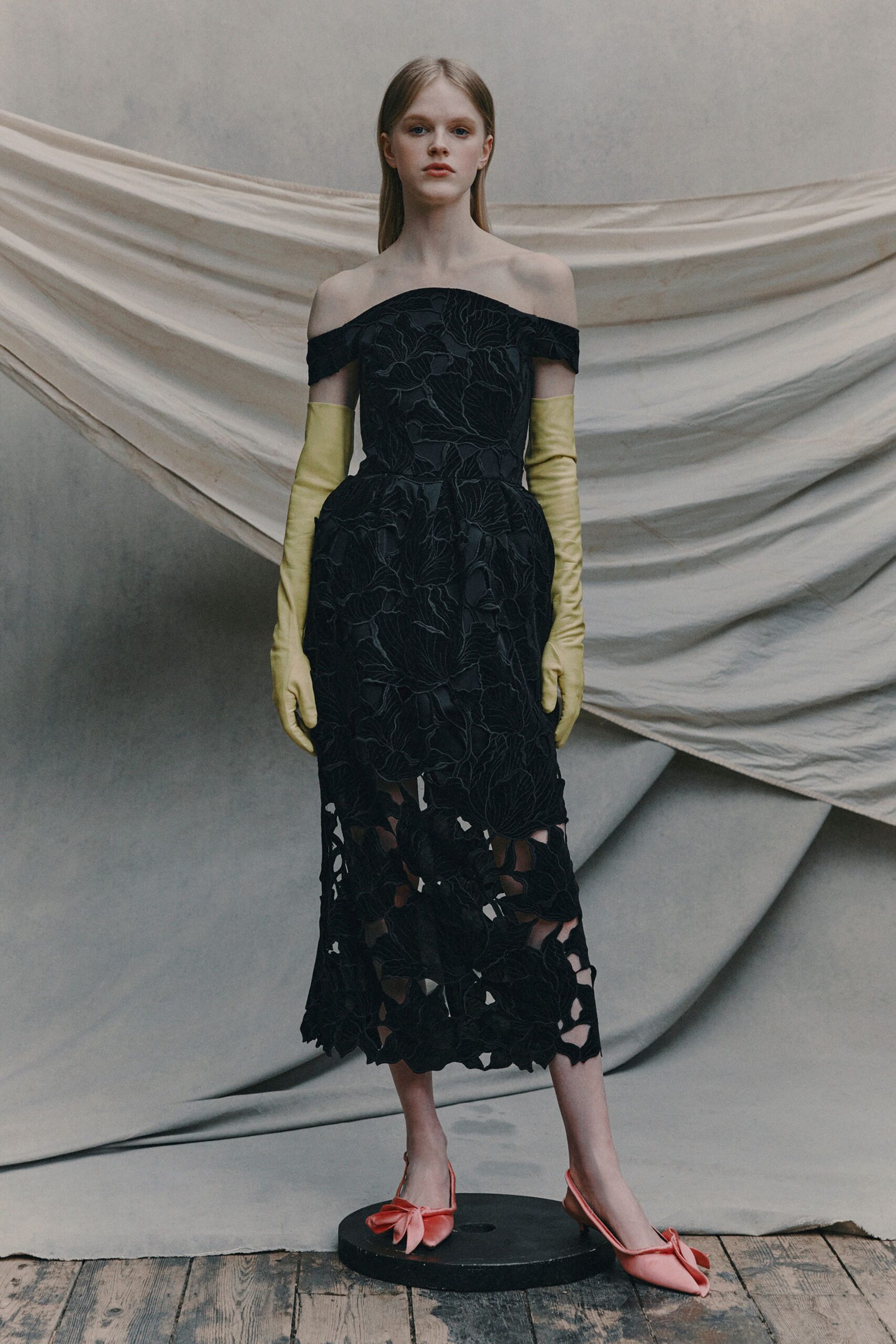black lace off-shoulder fitted embroidered tiered midi dress