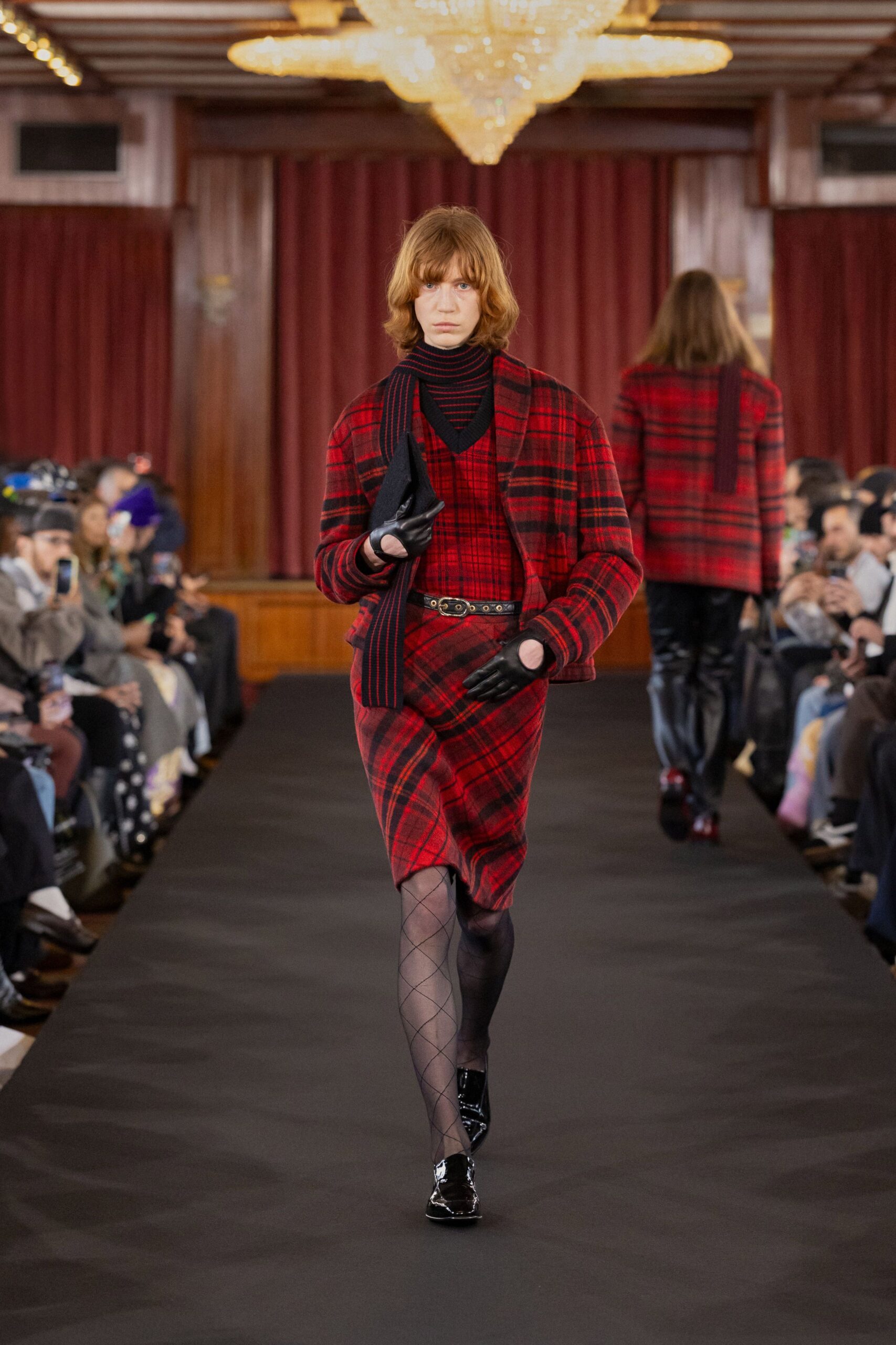 red and black checked blazer and skirt
