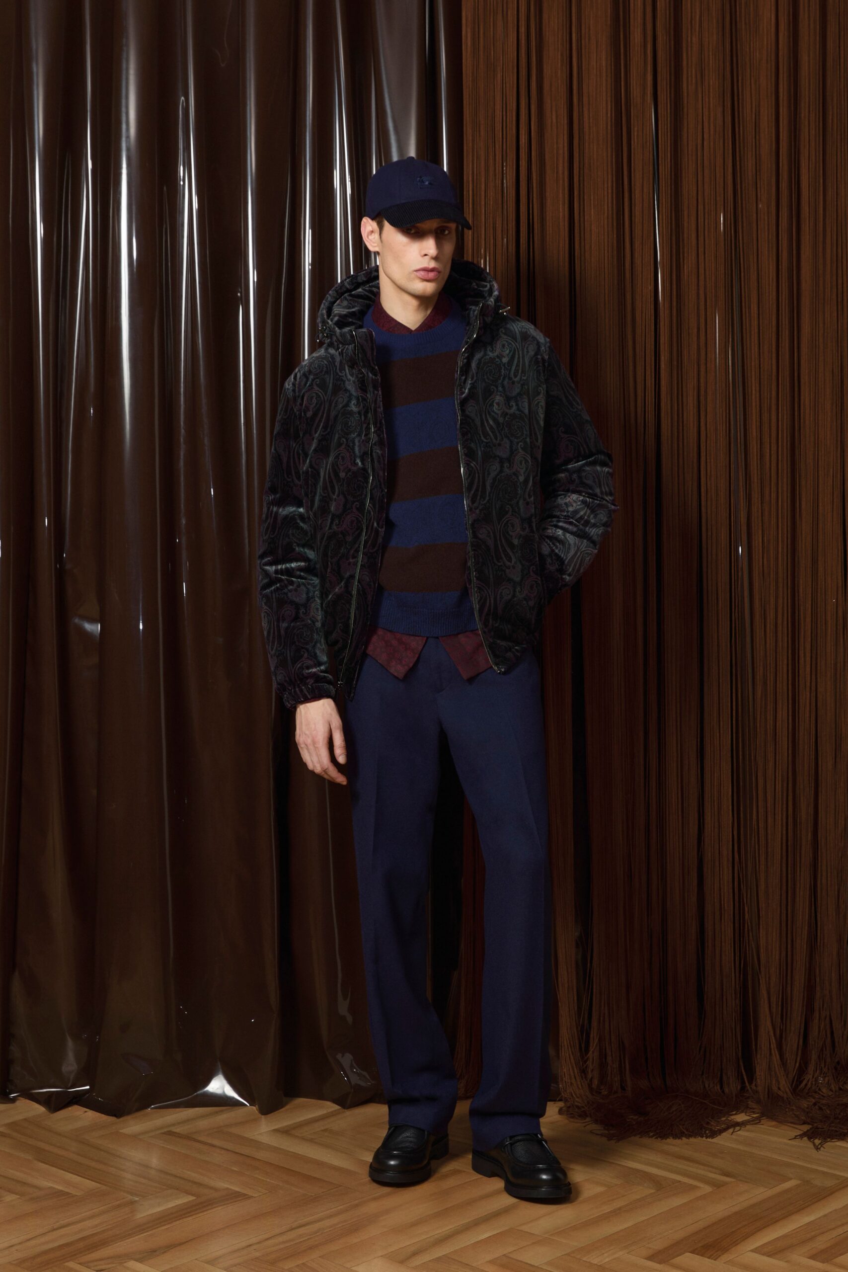 purple cotton long-sleeve collared fitted striped sweater