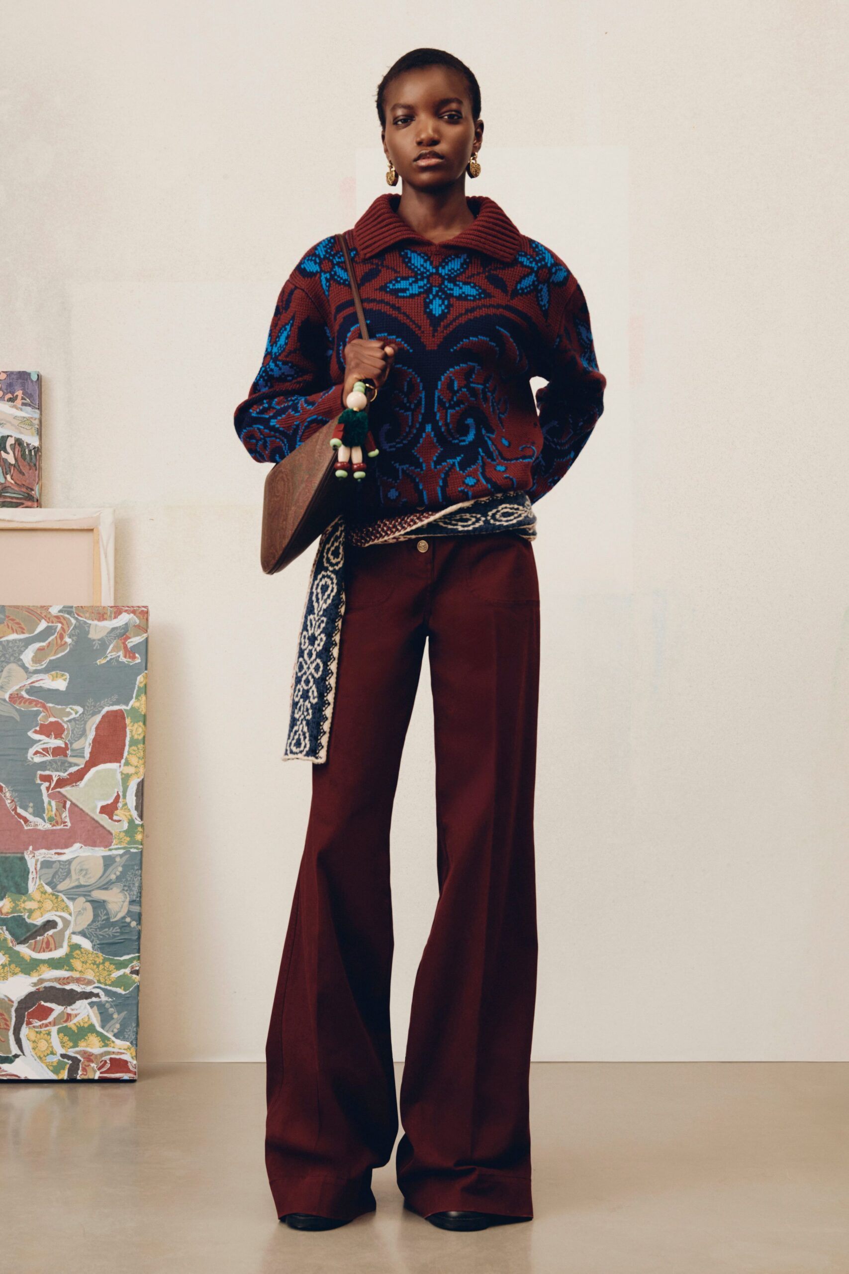 brown cotton fitted flared pants