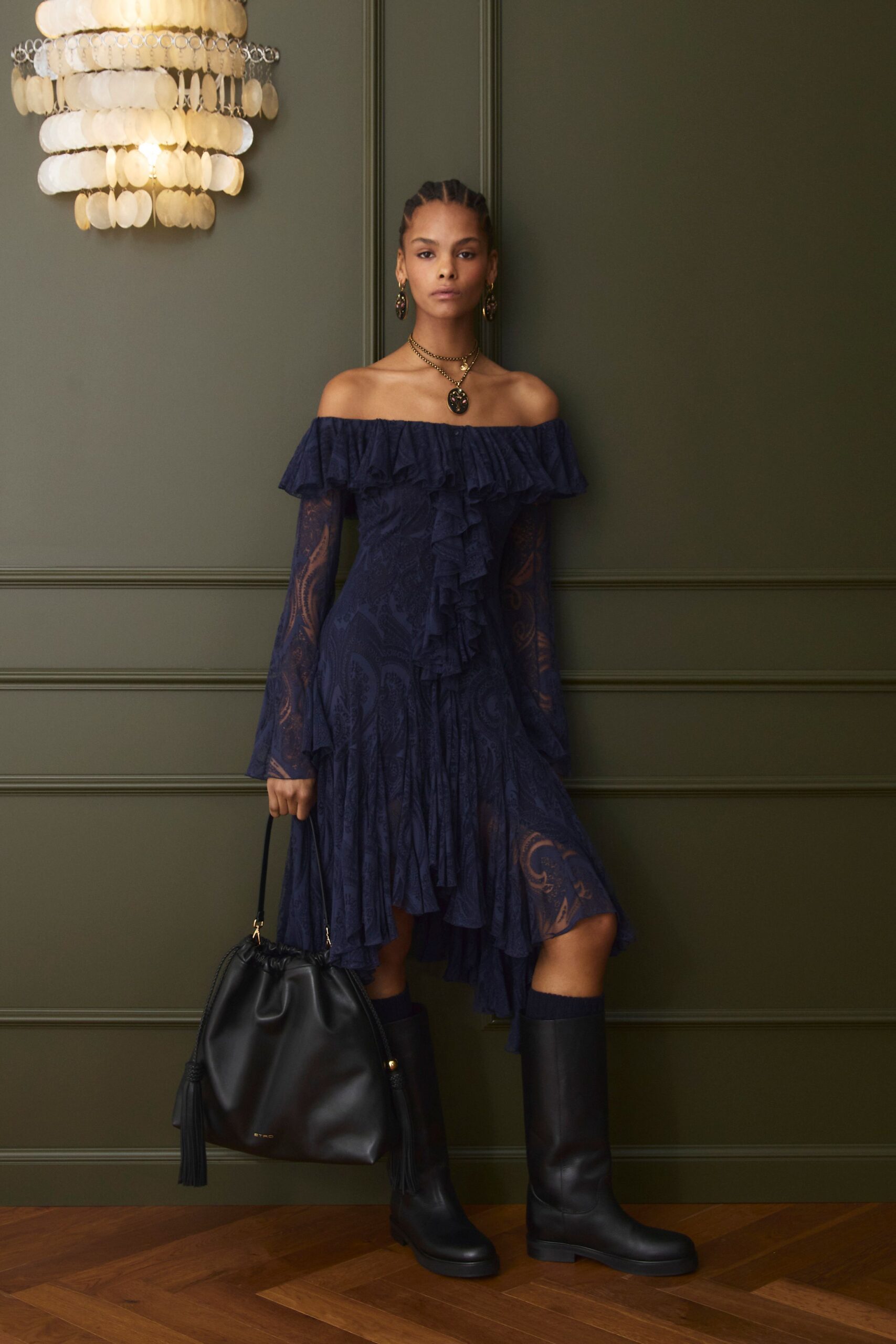 blue lace long-sleeve off-shoulder fitted ruffled embroidered dress