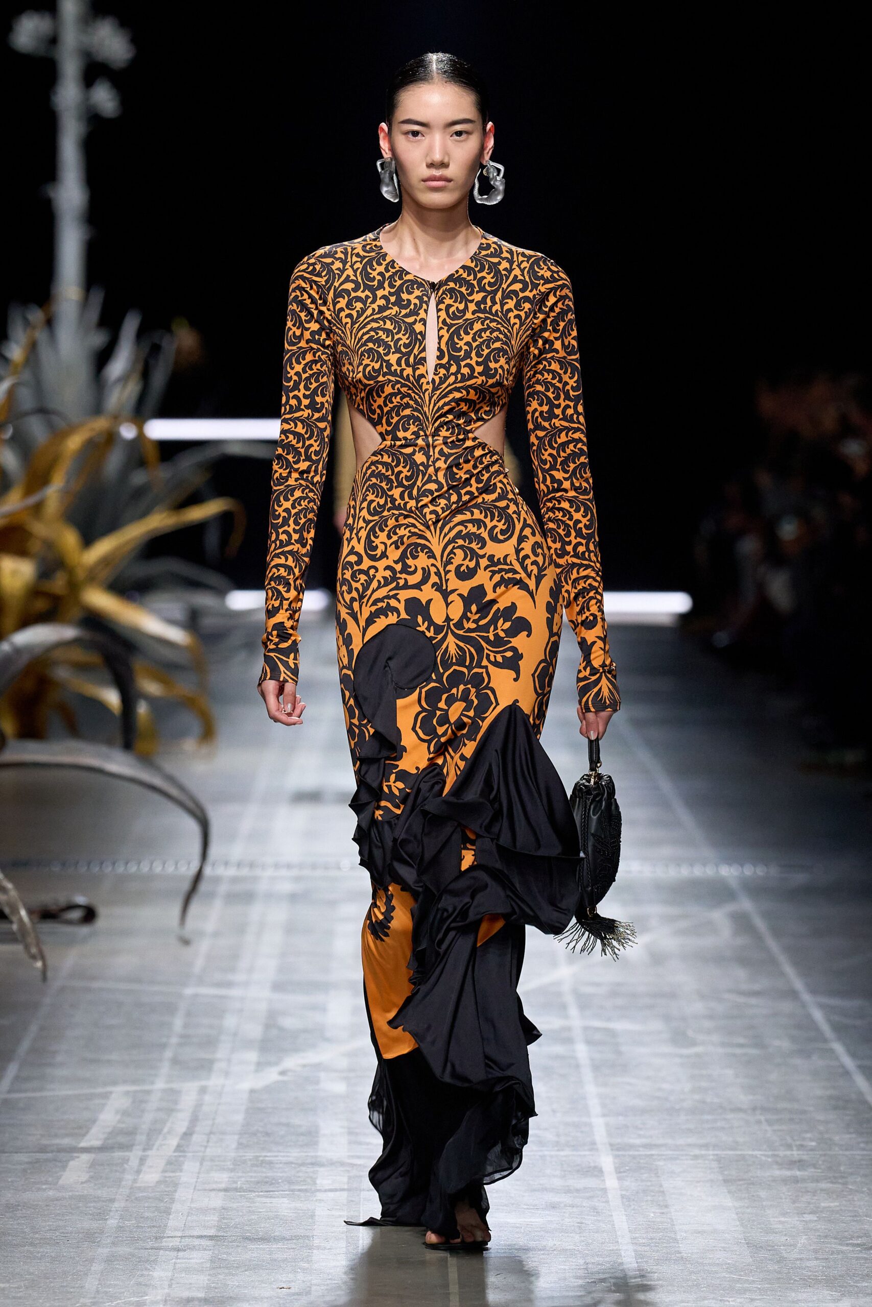 orange silk long-sleeve v-neck fitted embroidered ruffled gown