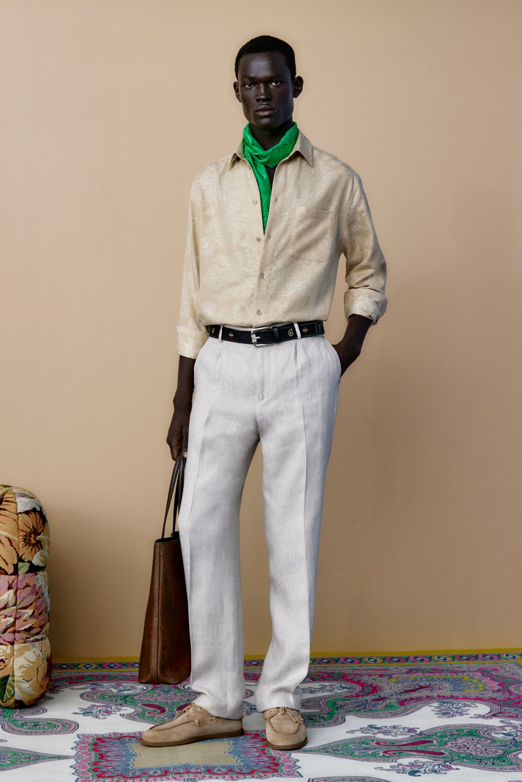 beige shirt white pants outfit