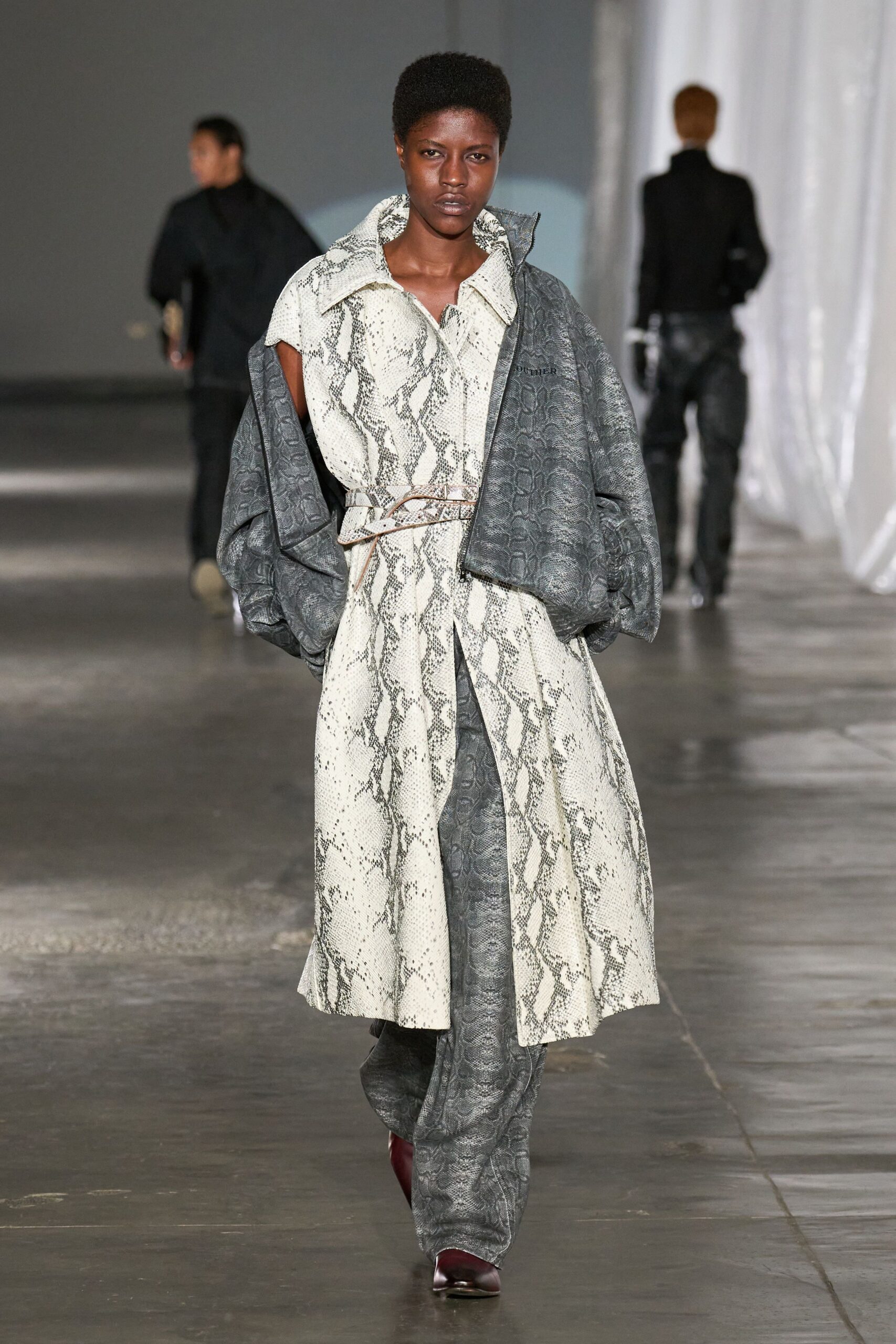 gray printed midi dress with coat