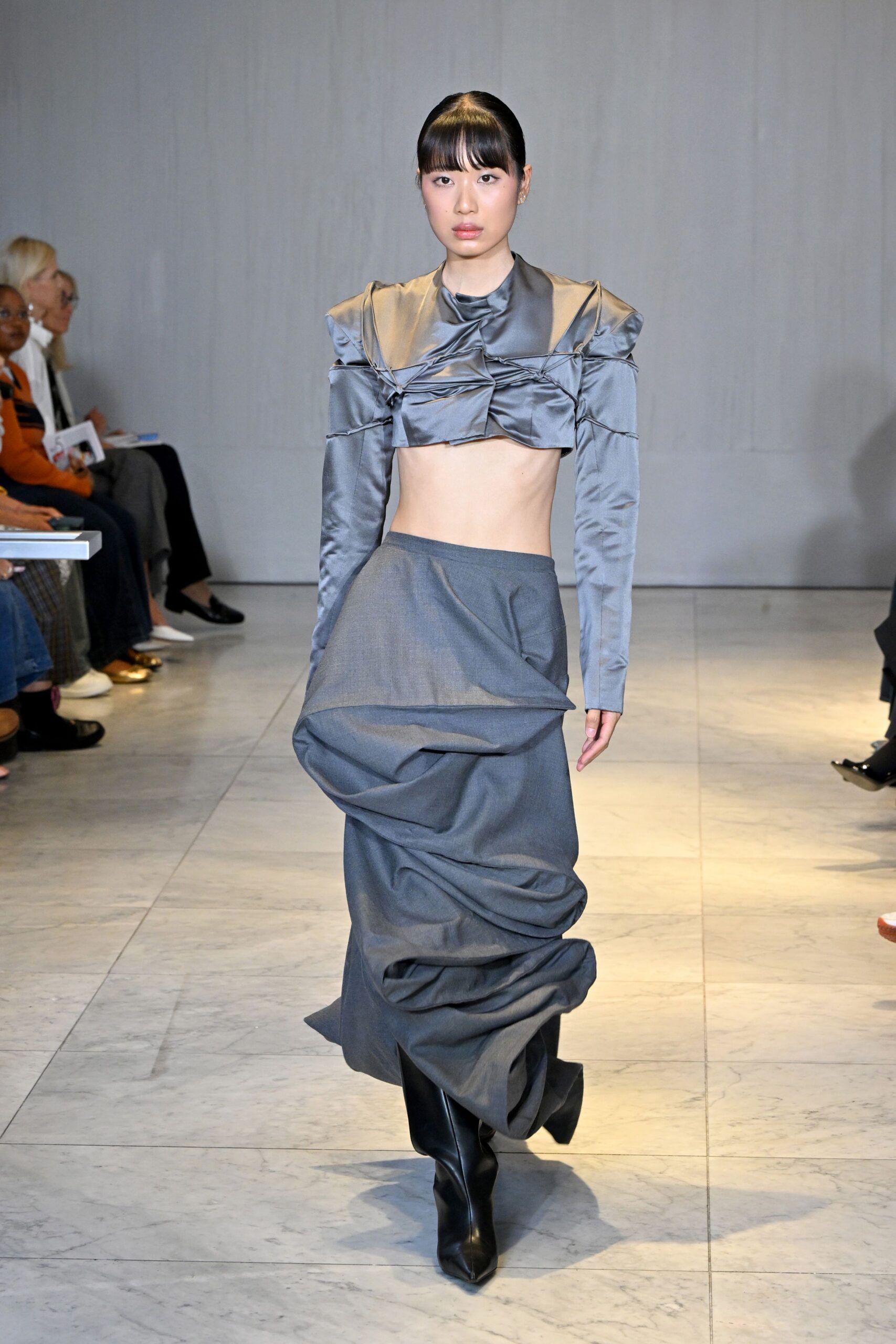 gray silk asymmetric fitted draped midi skirt