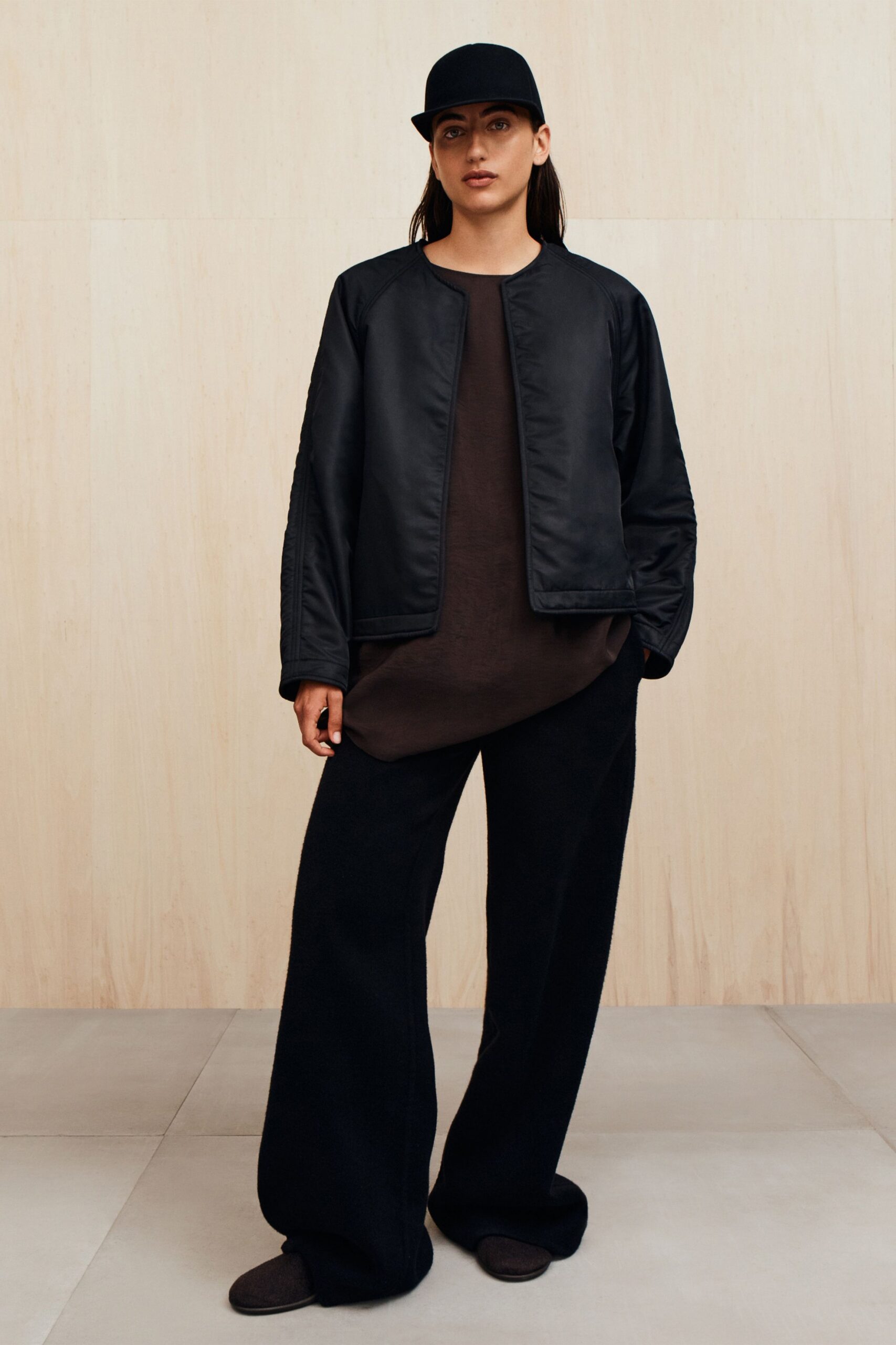 brown cotton long-sleeve collared relaxed top