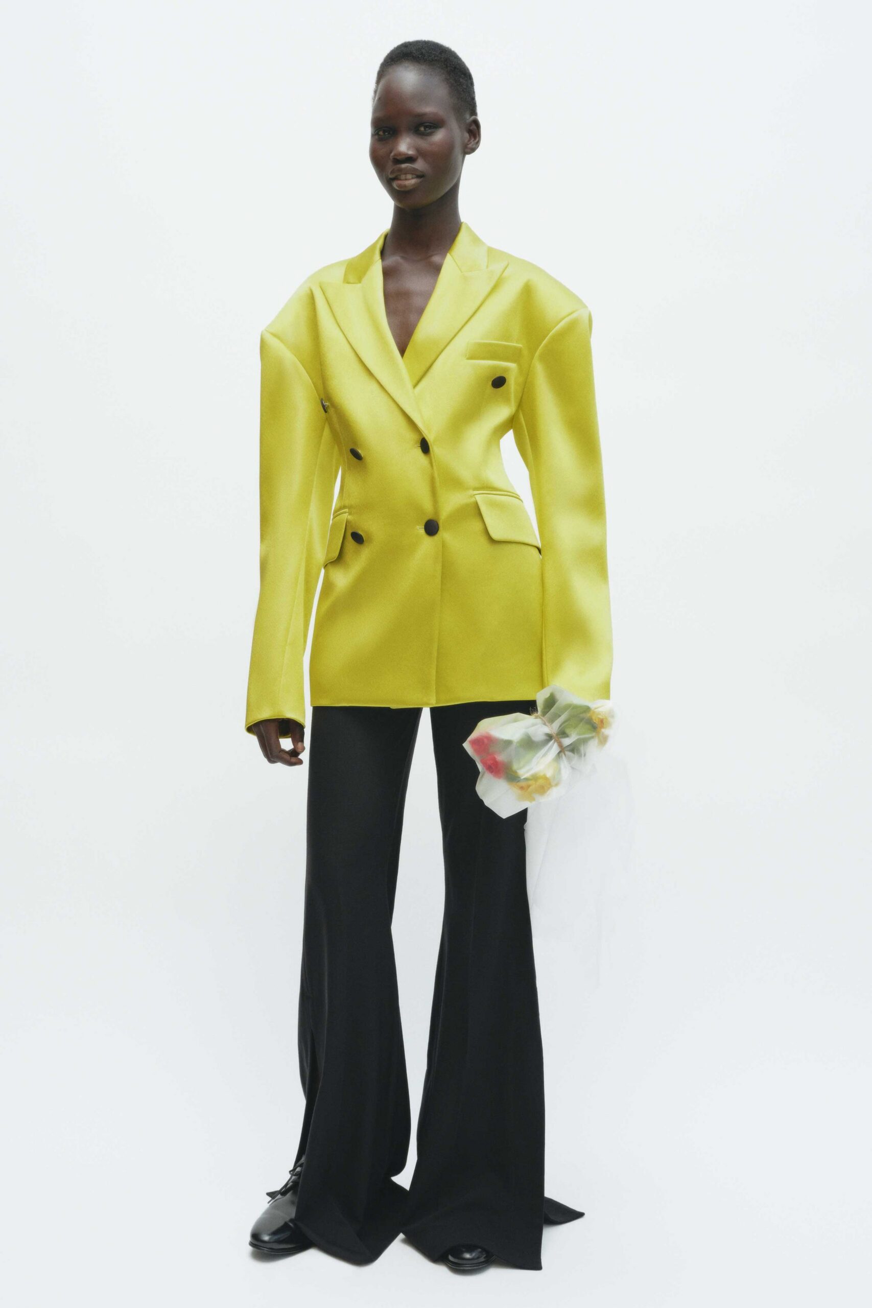 black satin long-sleeve fitted flared pants