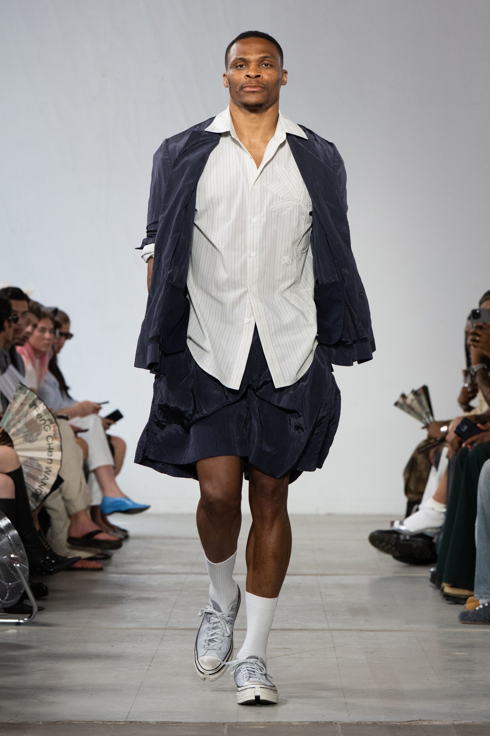 blue cotton long-sleeve collared structured jacket