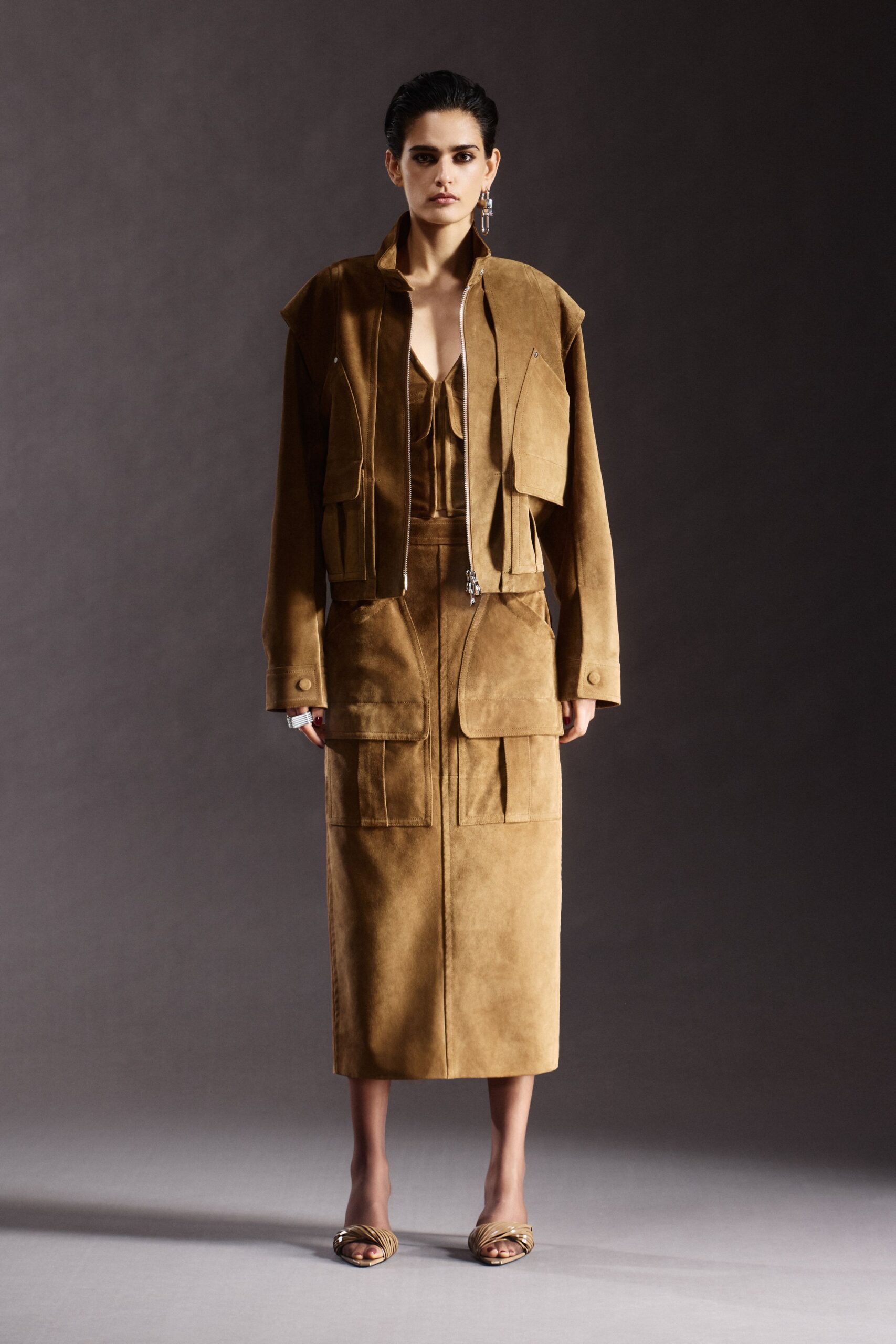 brown suede jacket and skirt