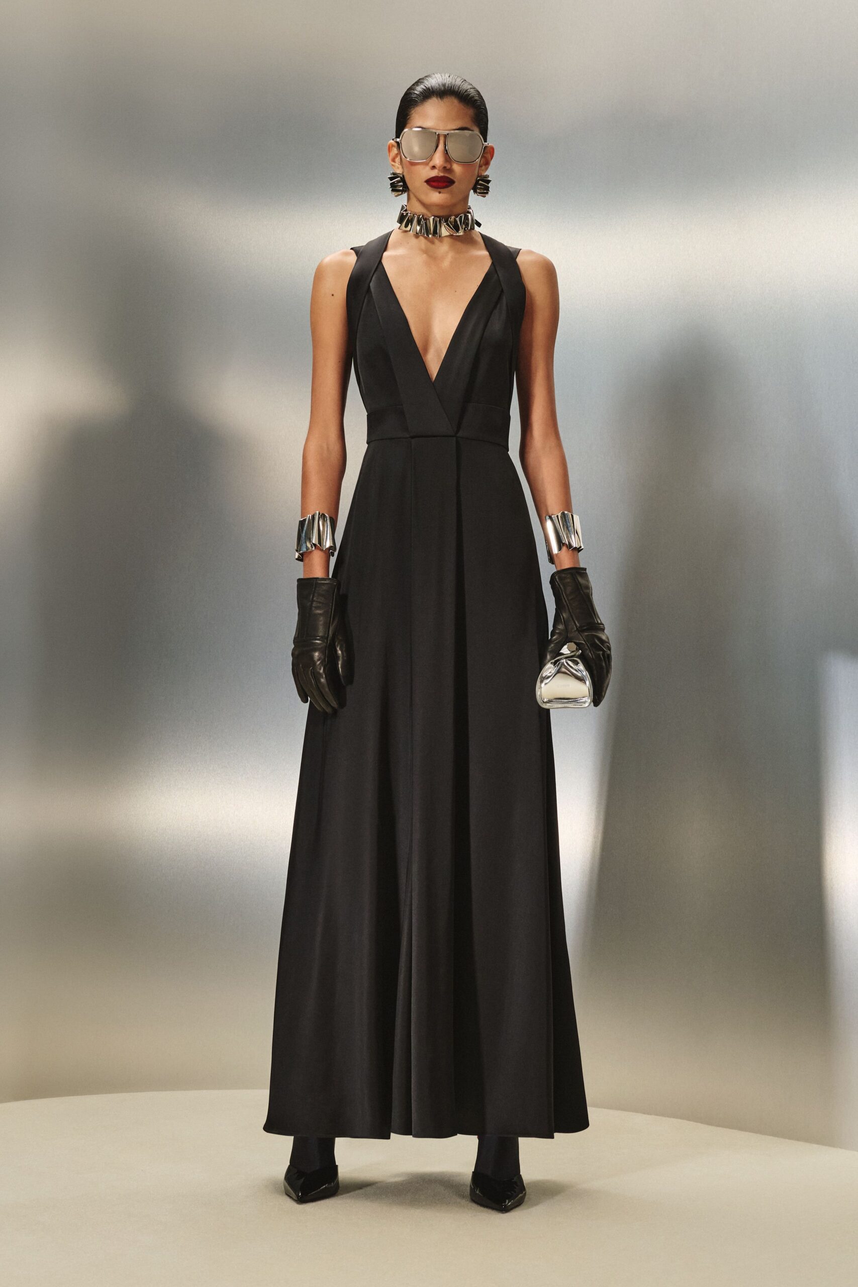 black silk sleeveless gown