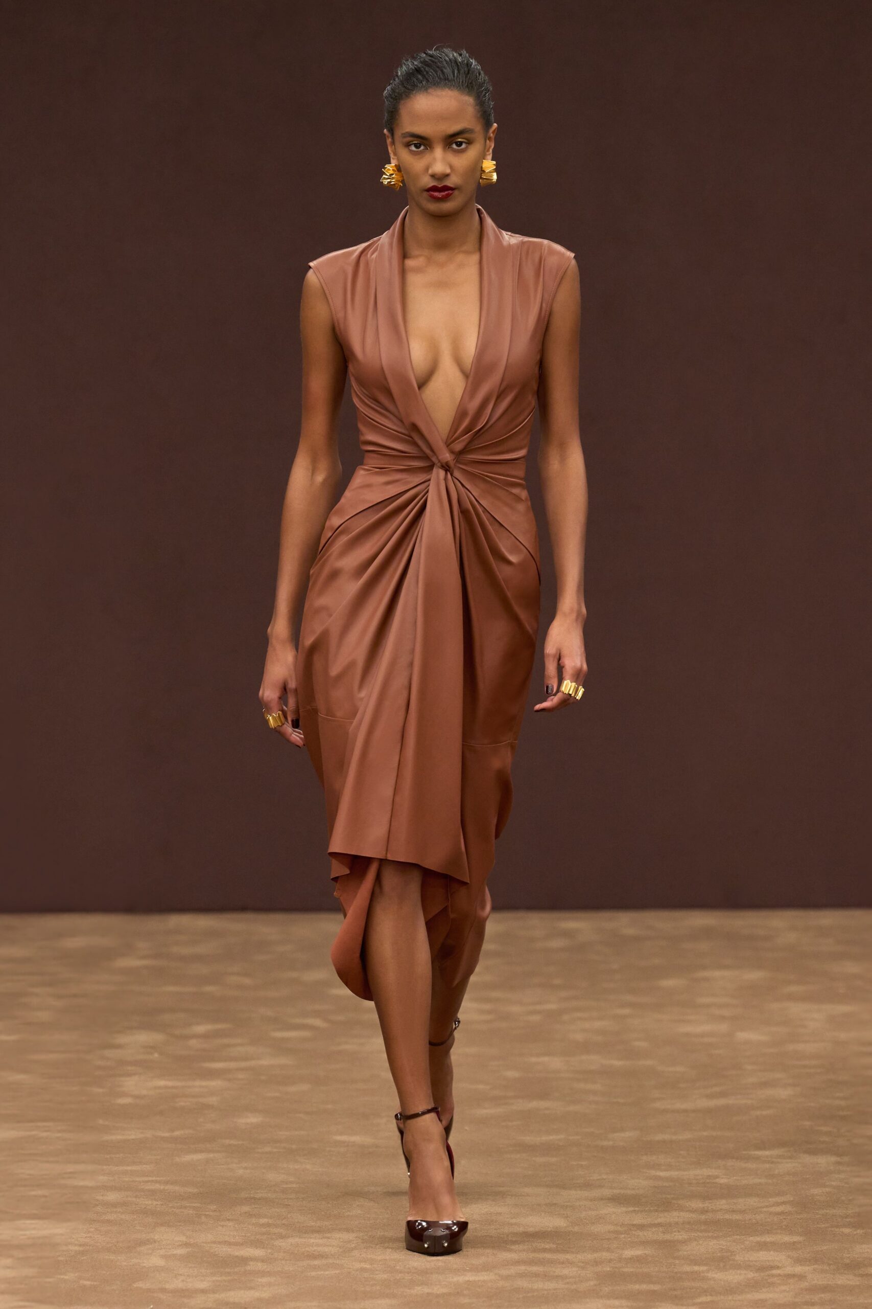 brown silk sleeveless v-neck fitted draped midi dress