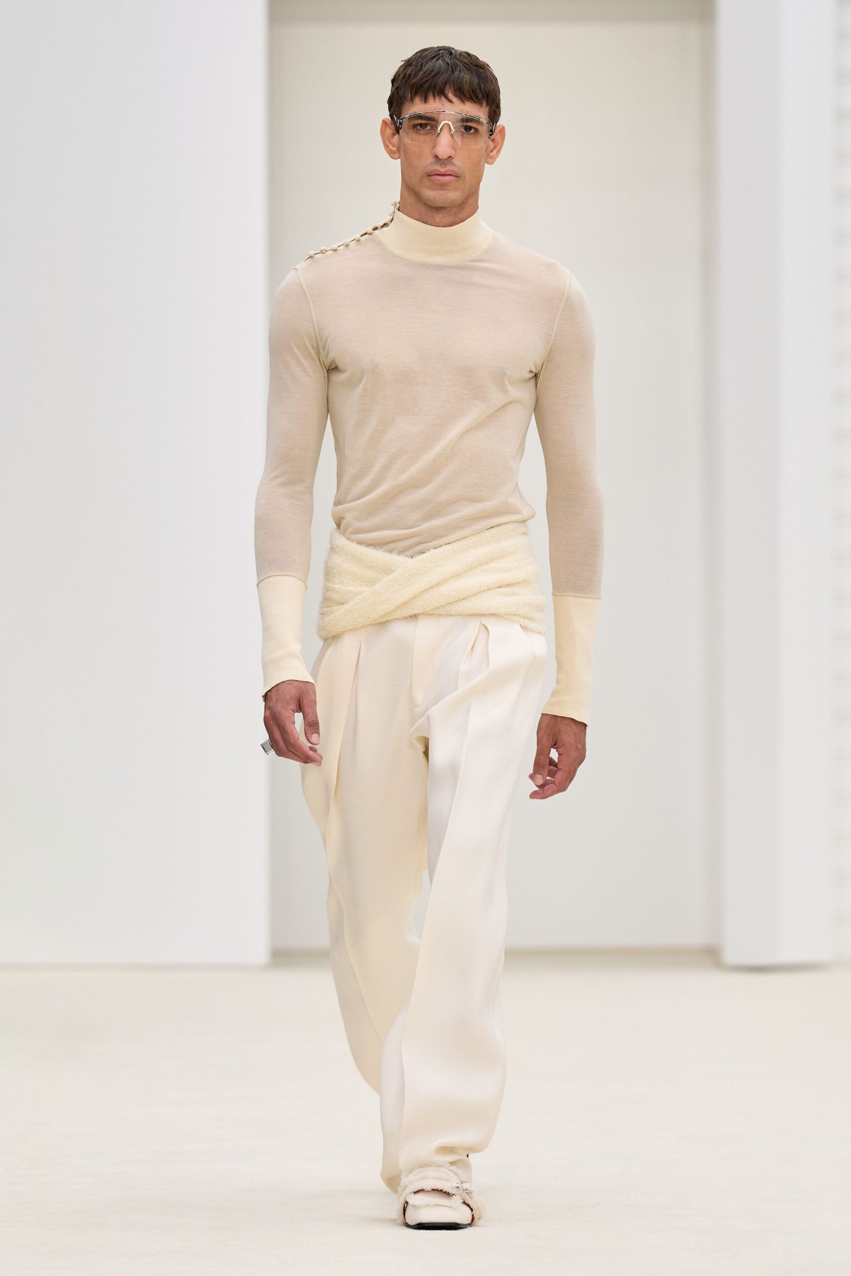 beige mesh long-sleeve high-neck fitted layered sheer top