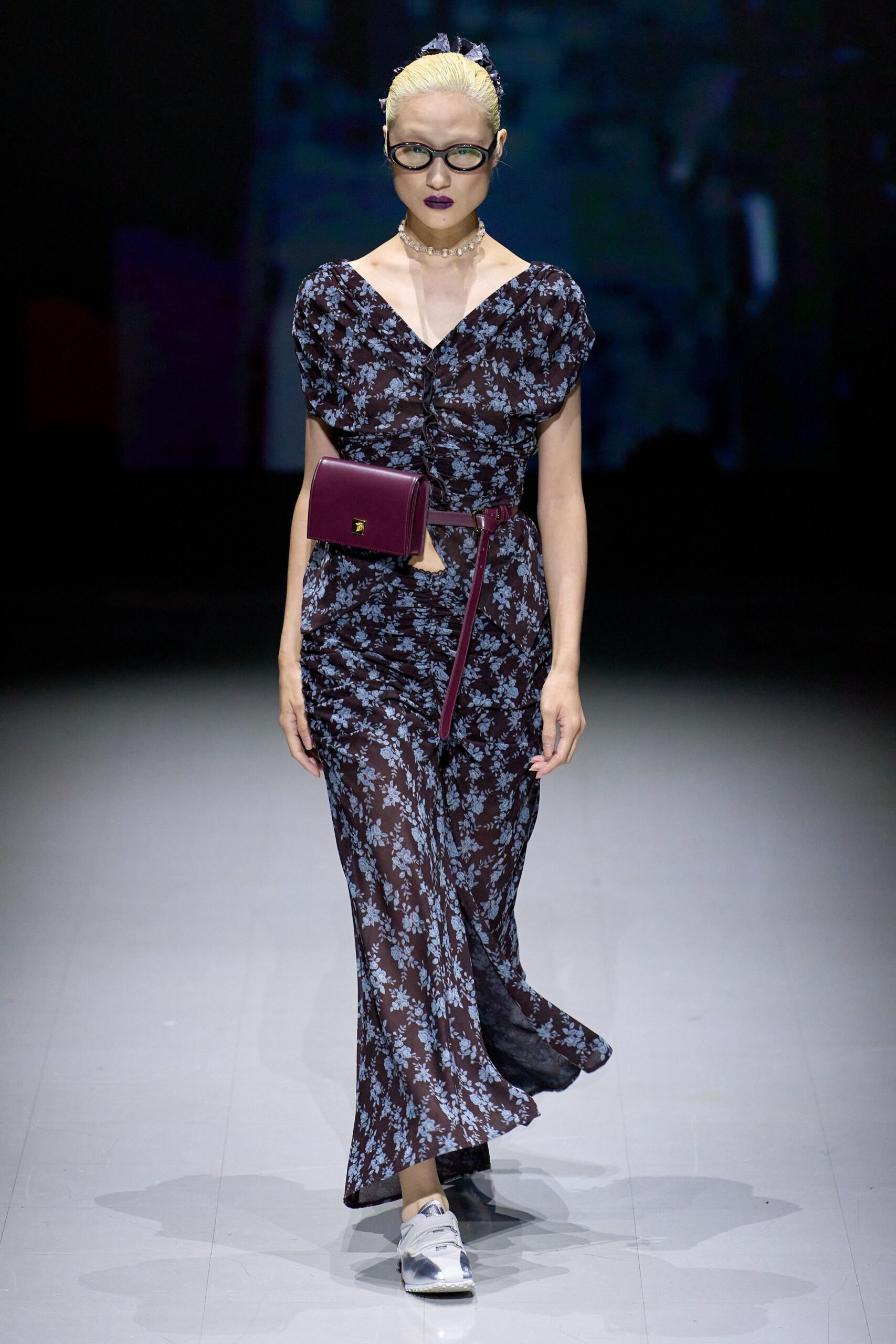 black floral maxi dress with purple bag