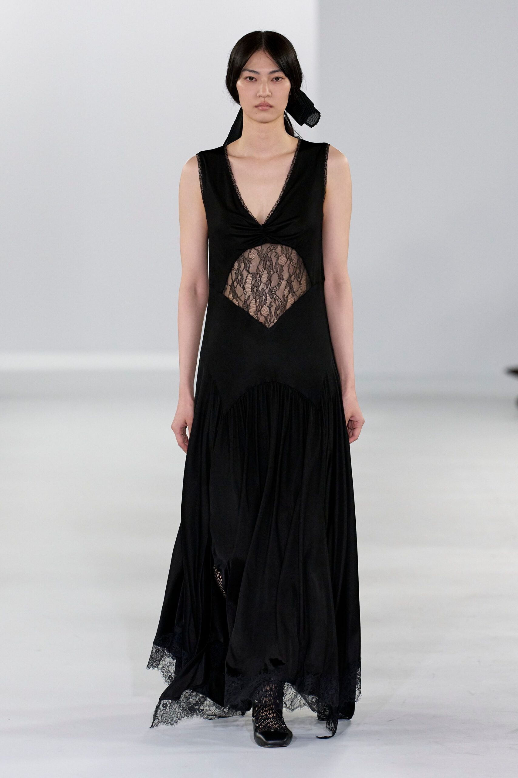 black silk sleeveless v-neck fitted draped maxi gown