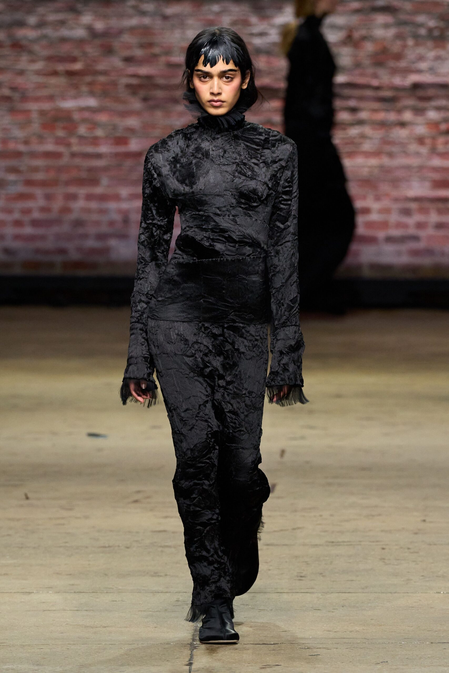black silk long-sleeve high-neck fitted ruched textured dress
