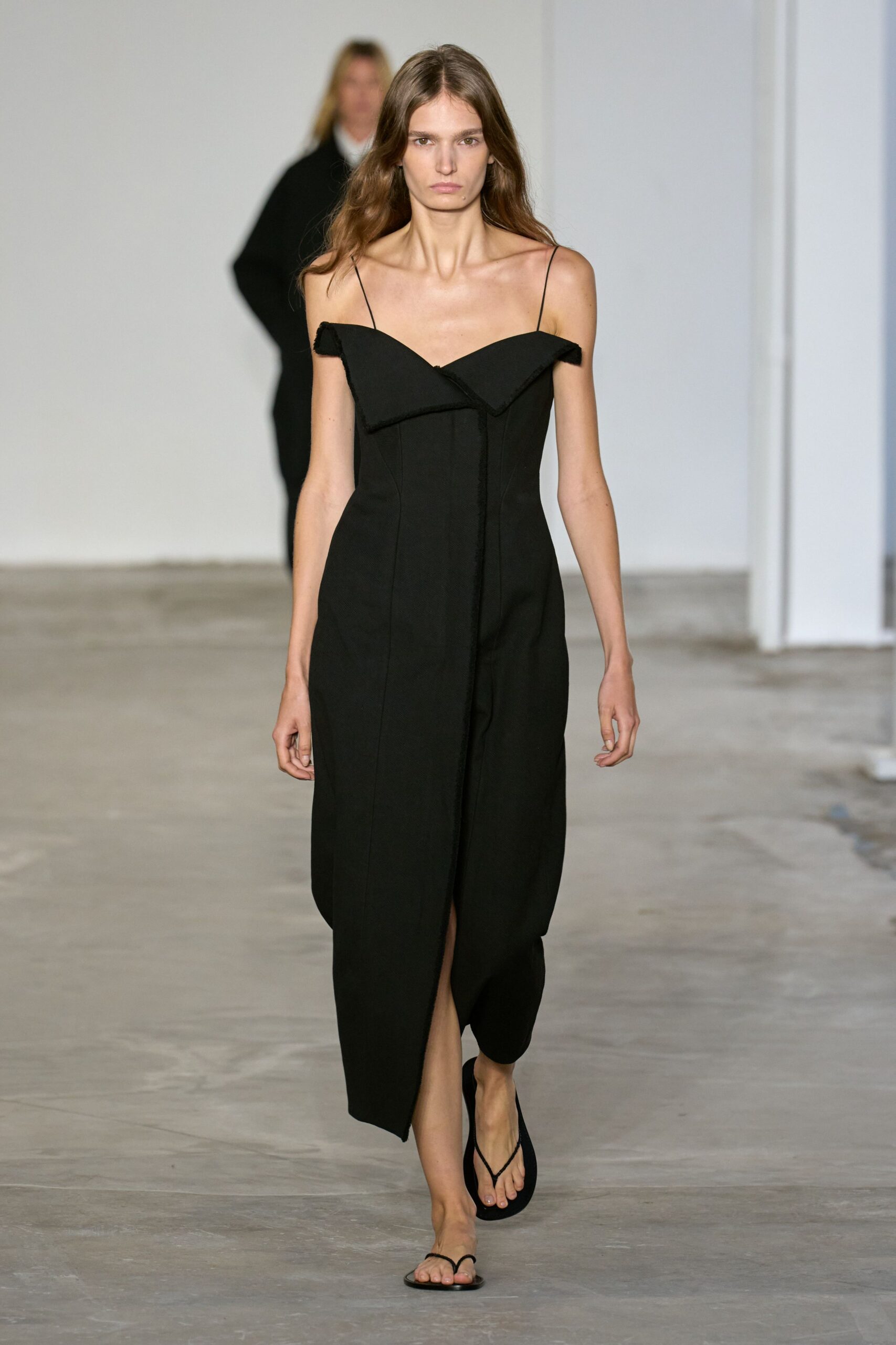 black fitted midi dress with sandals
