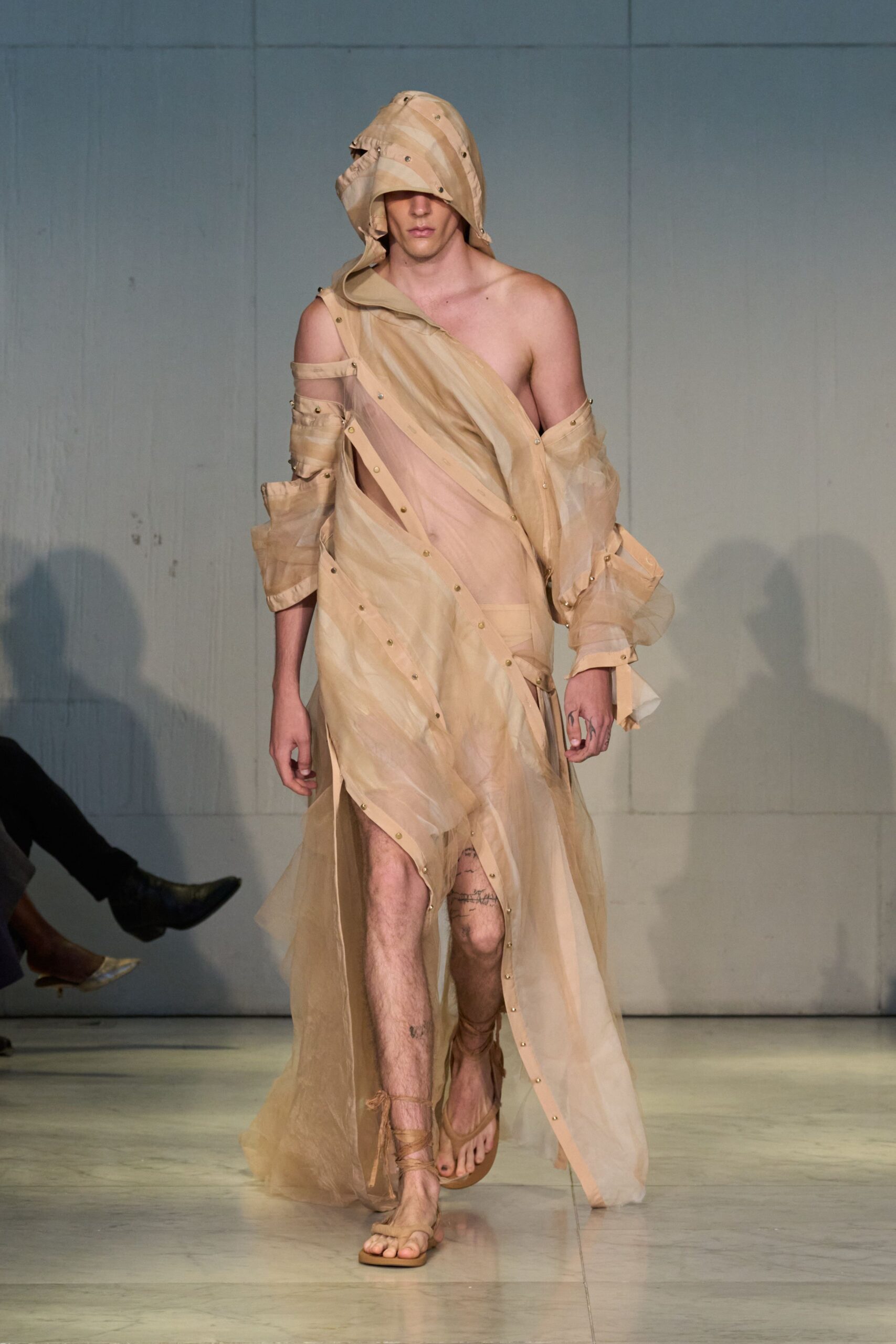 beige chiffon hooded gown