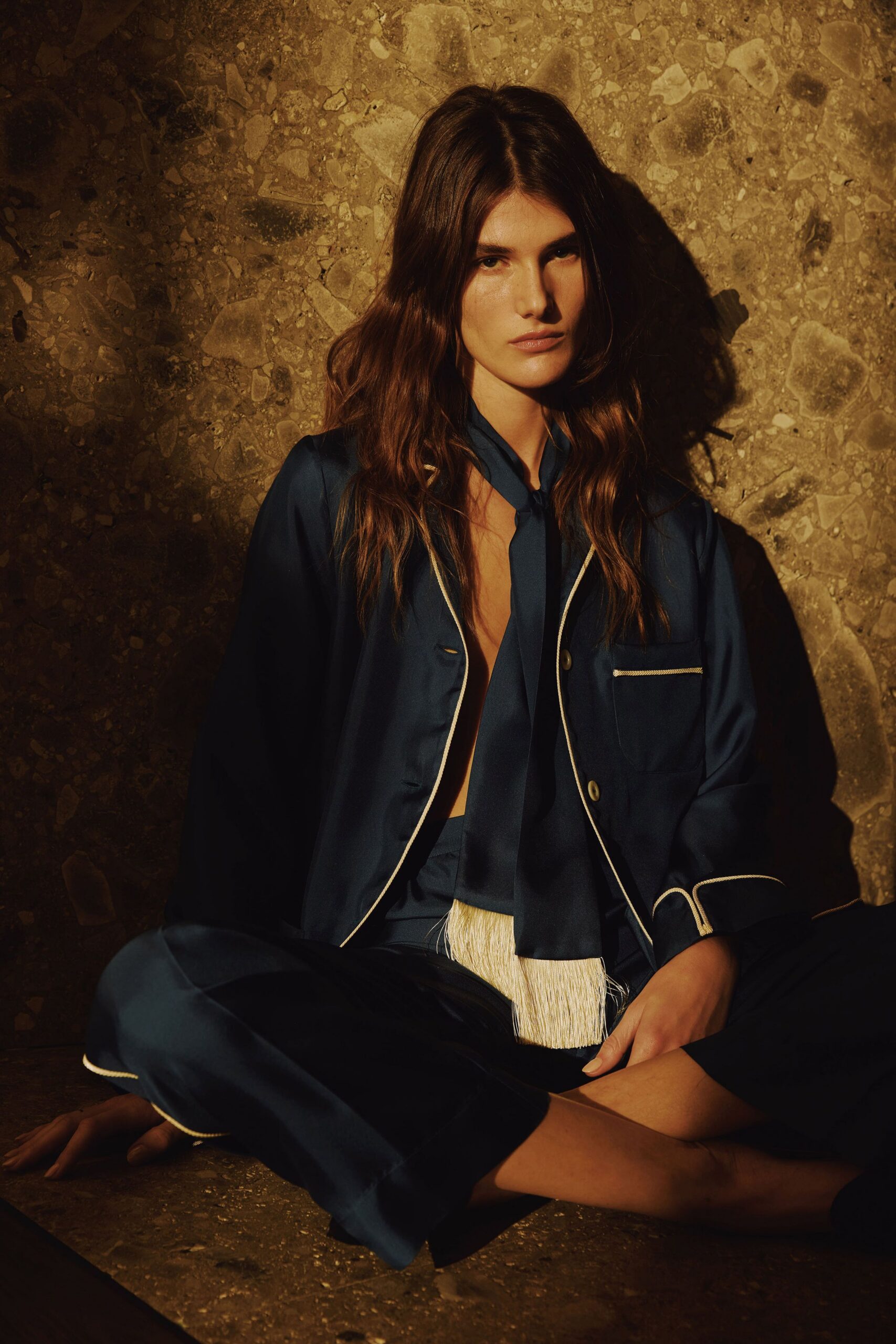 blue silk long-sleeve collared relaxed buttoned jacket