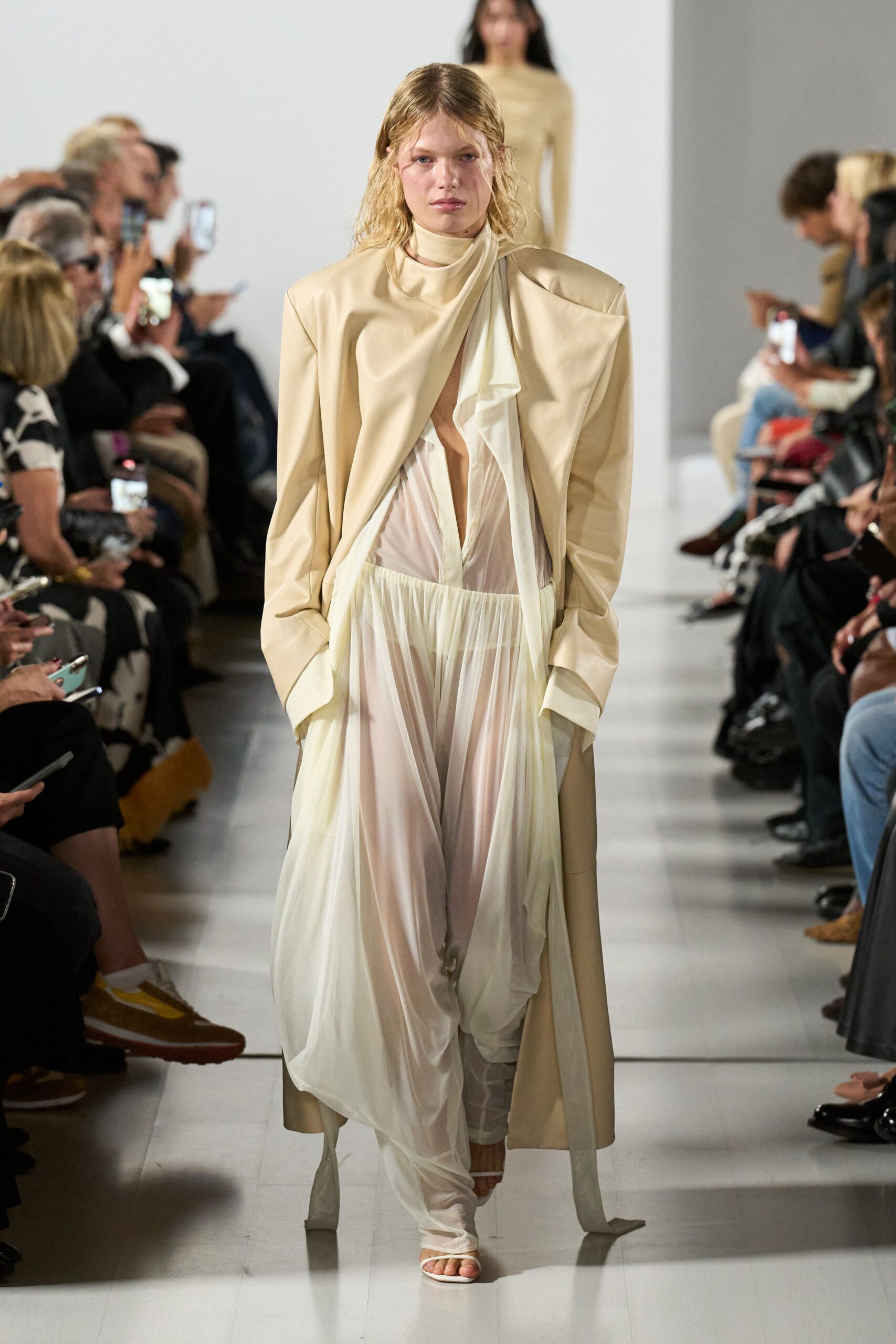 beige silk sleeveless v-neck fitted layered dress
