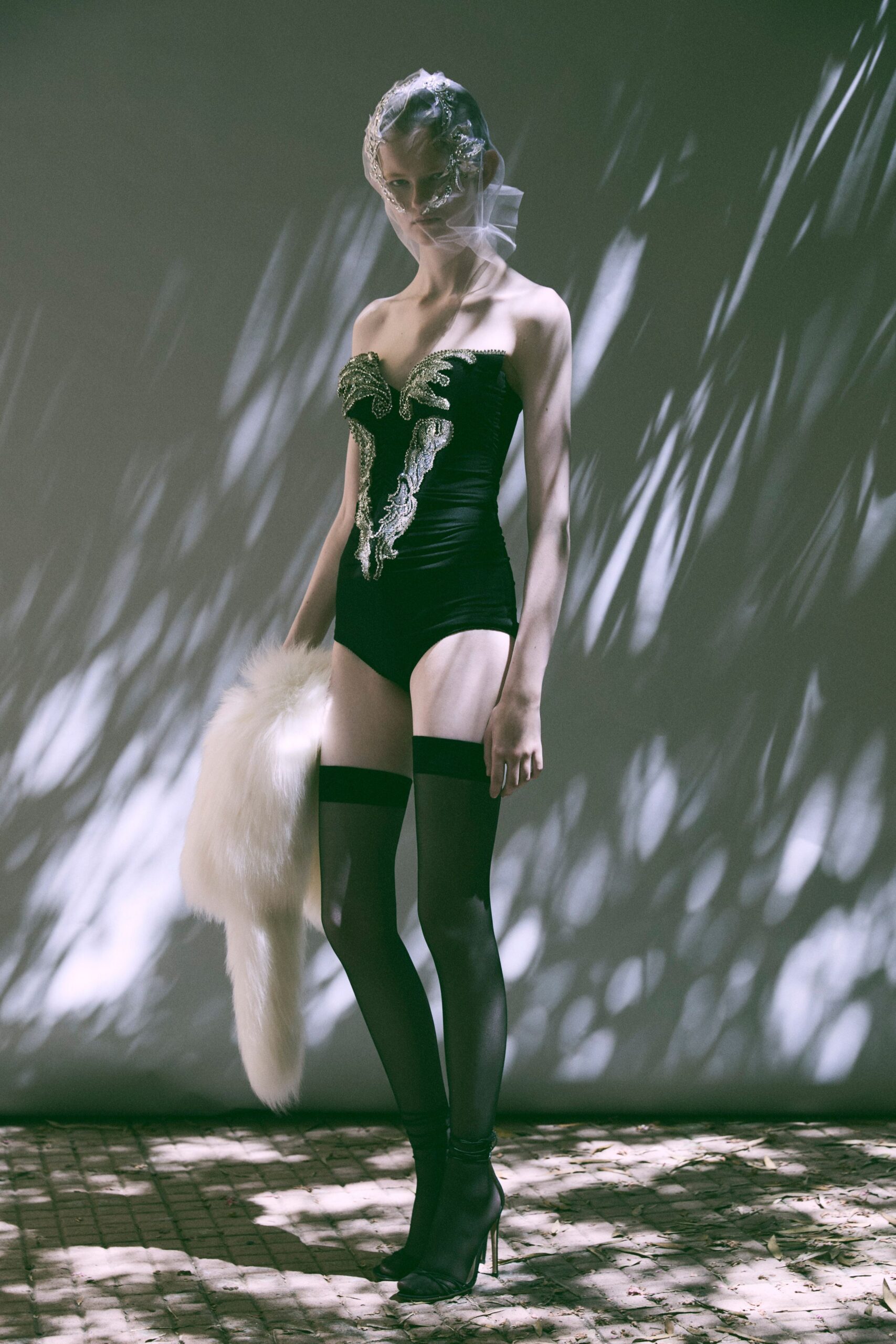 black silk strapless fitted embroidered bodysuit
