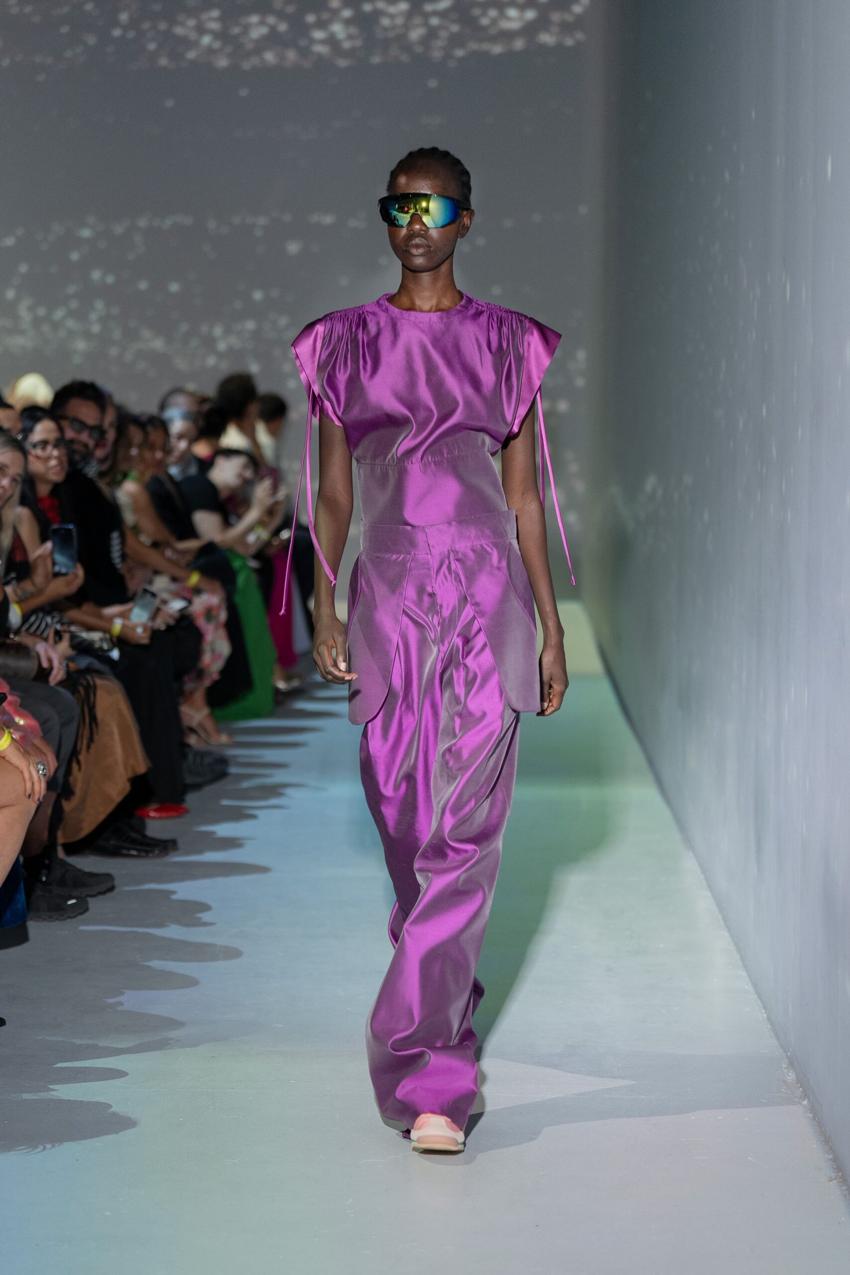 purple silk fitted draped pants