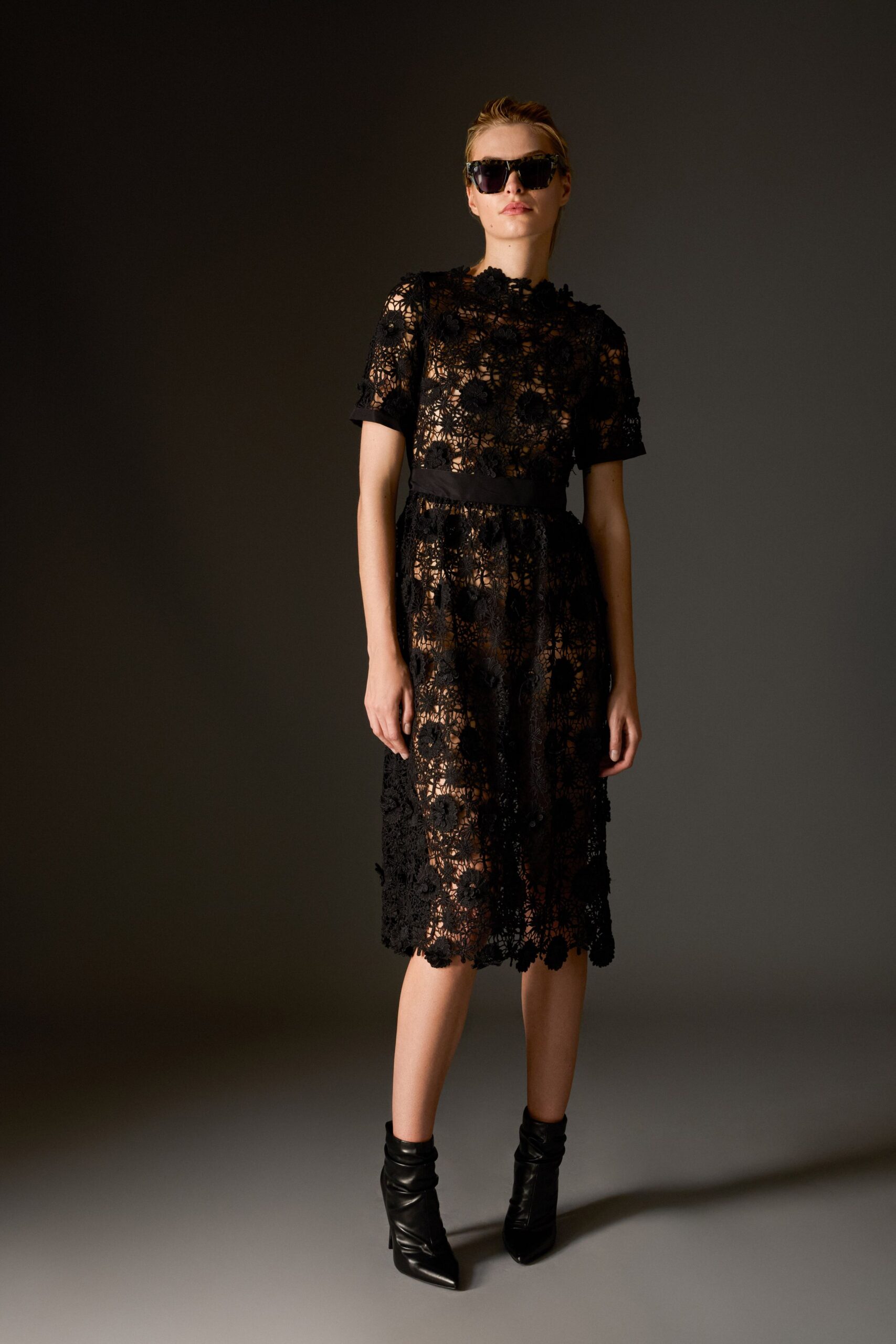 black lace midi dress with sunglasses