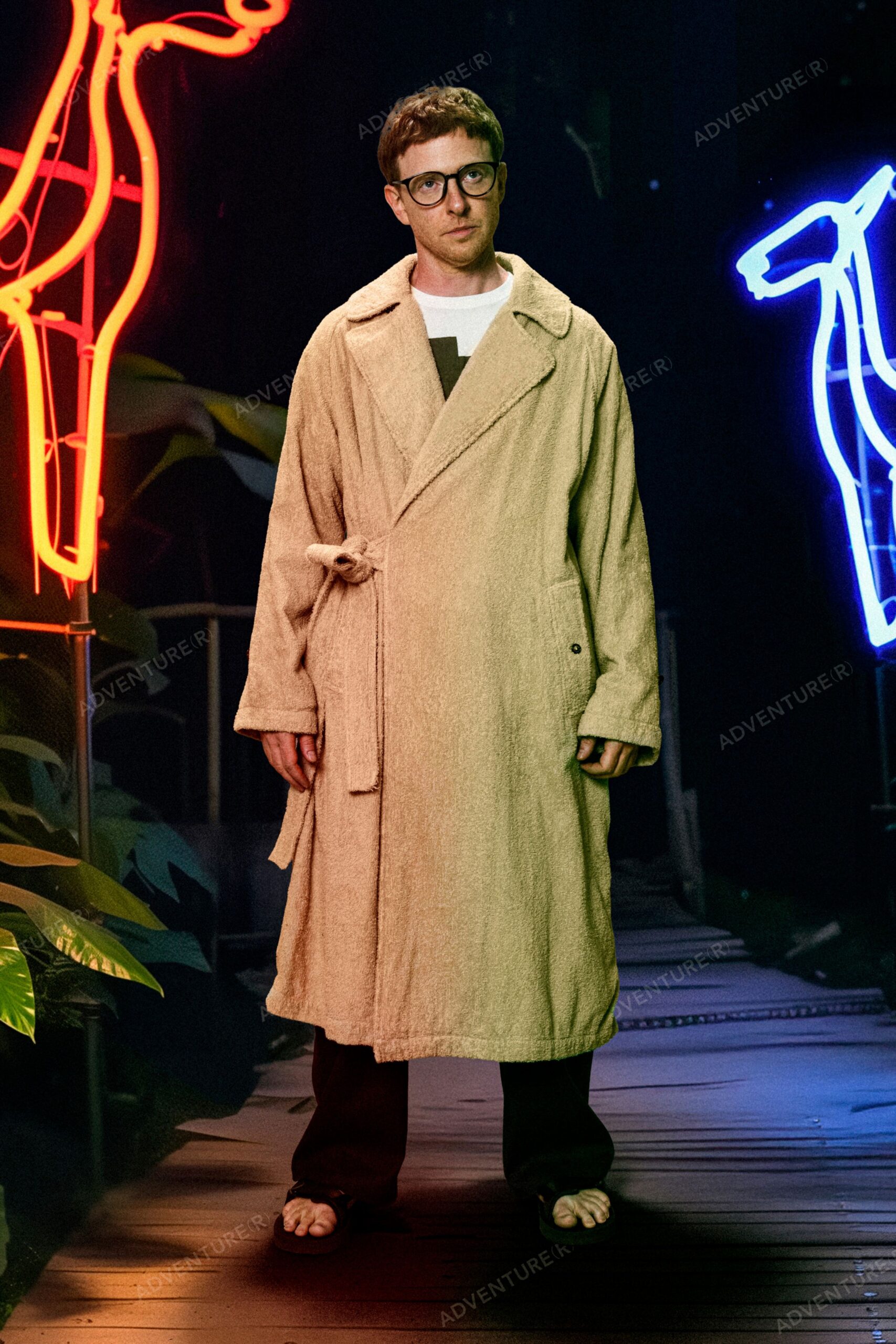 beige coat with black pants and sandals