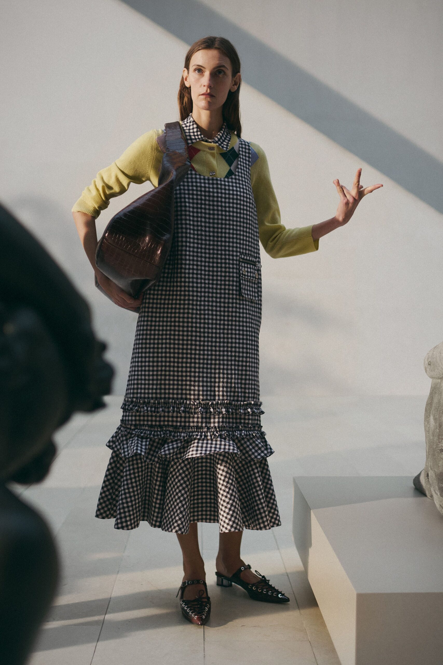 checked midi dress with yellow top