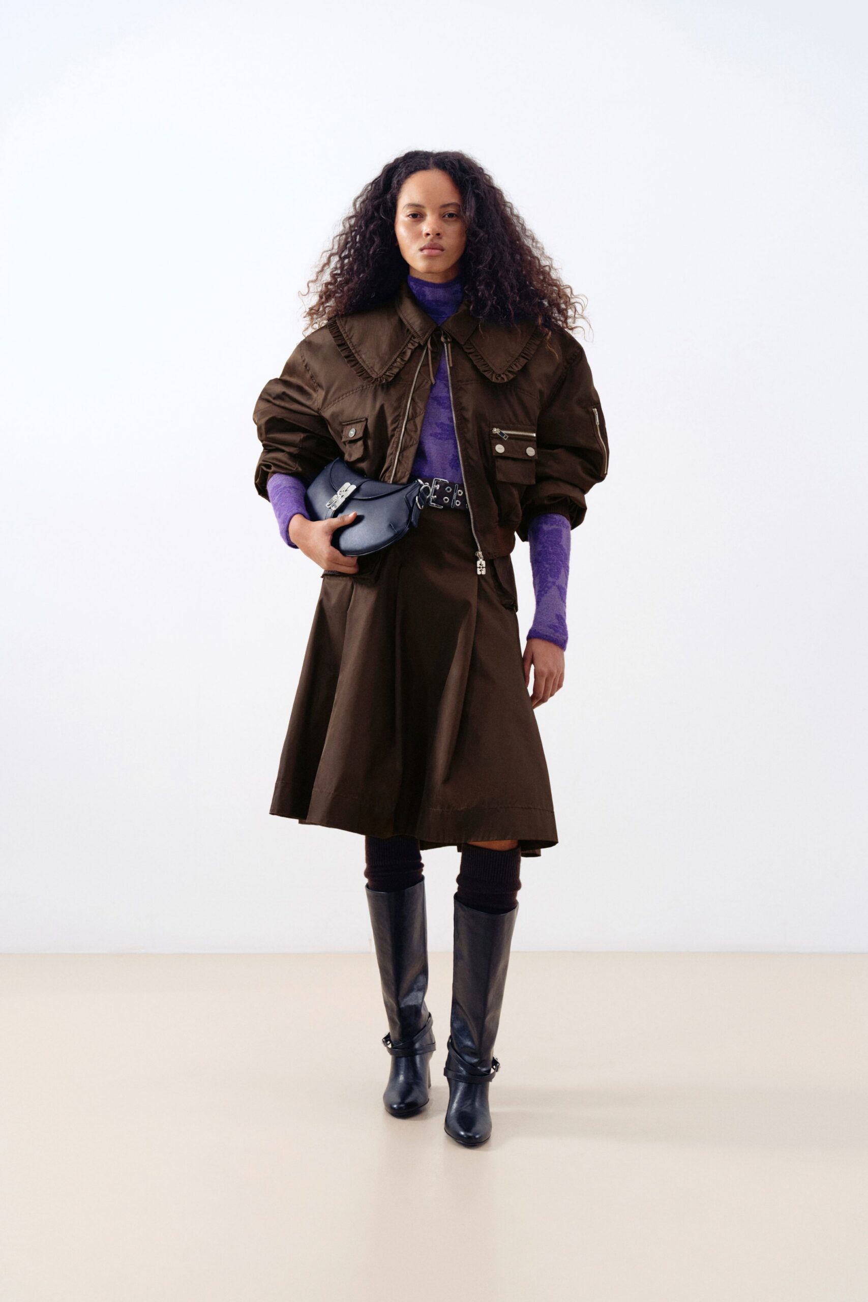 brown cotton long-sleeve collared oversized buttoned jacket