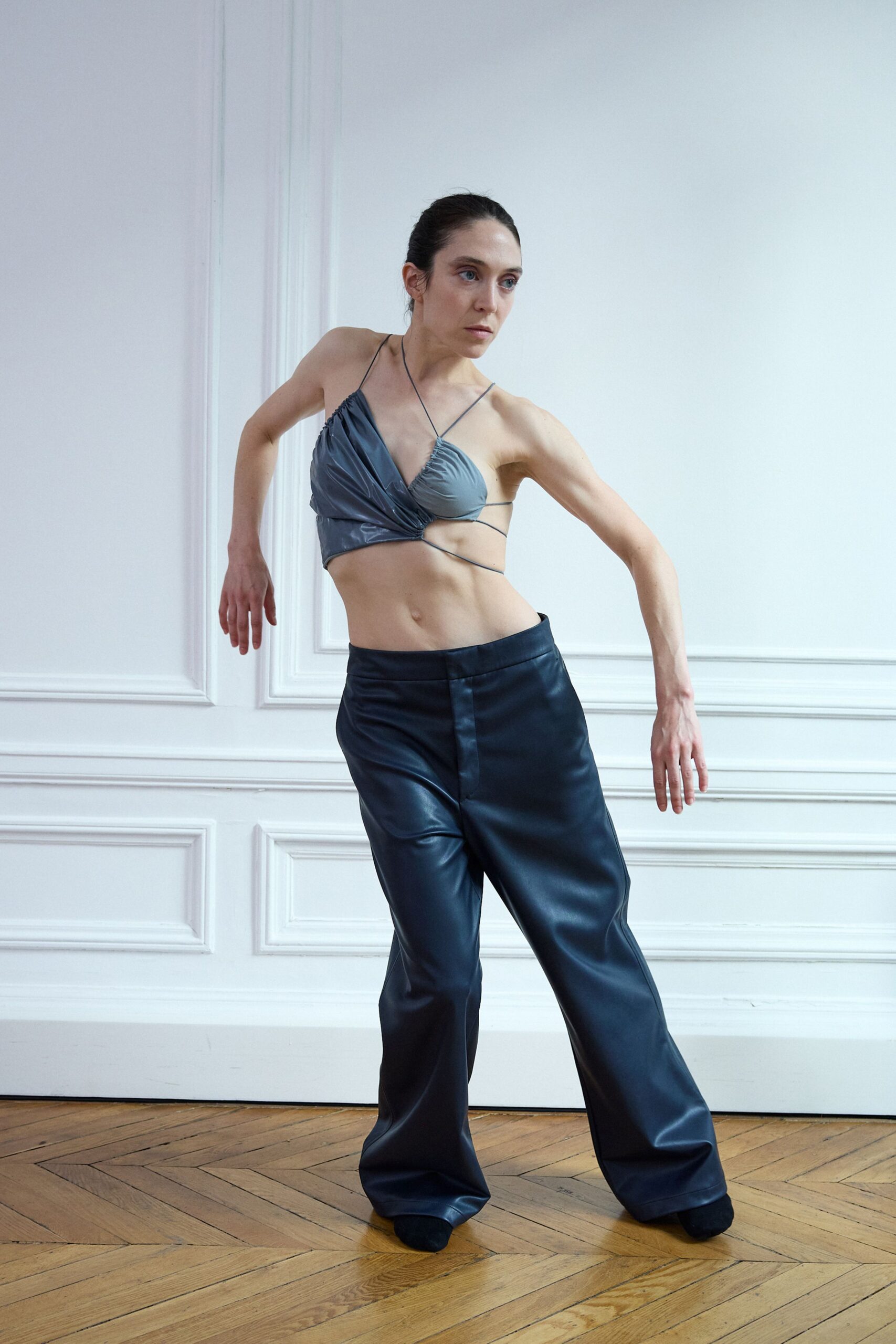 gray silk sleeveless v-neck fitted draped top