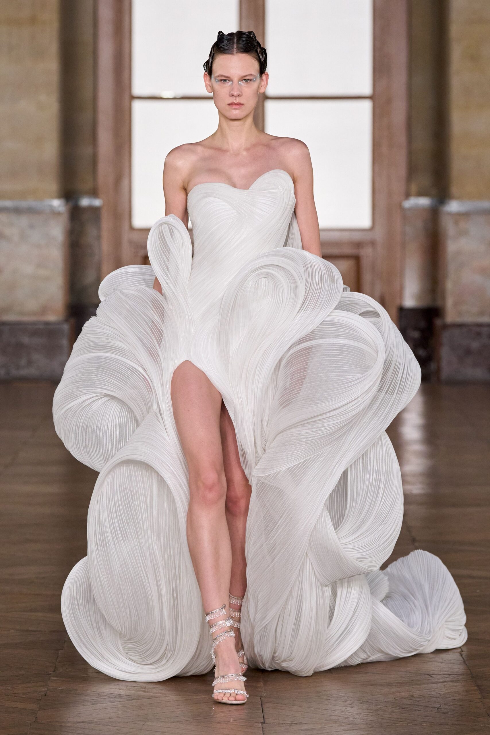 white silk strapless high-neck fitted pleated draped gown