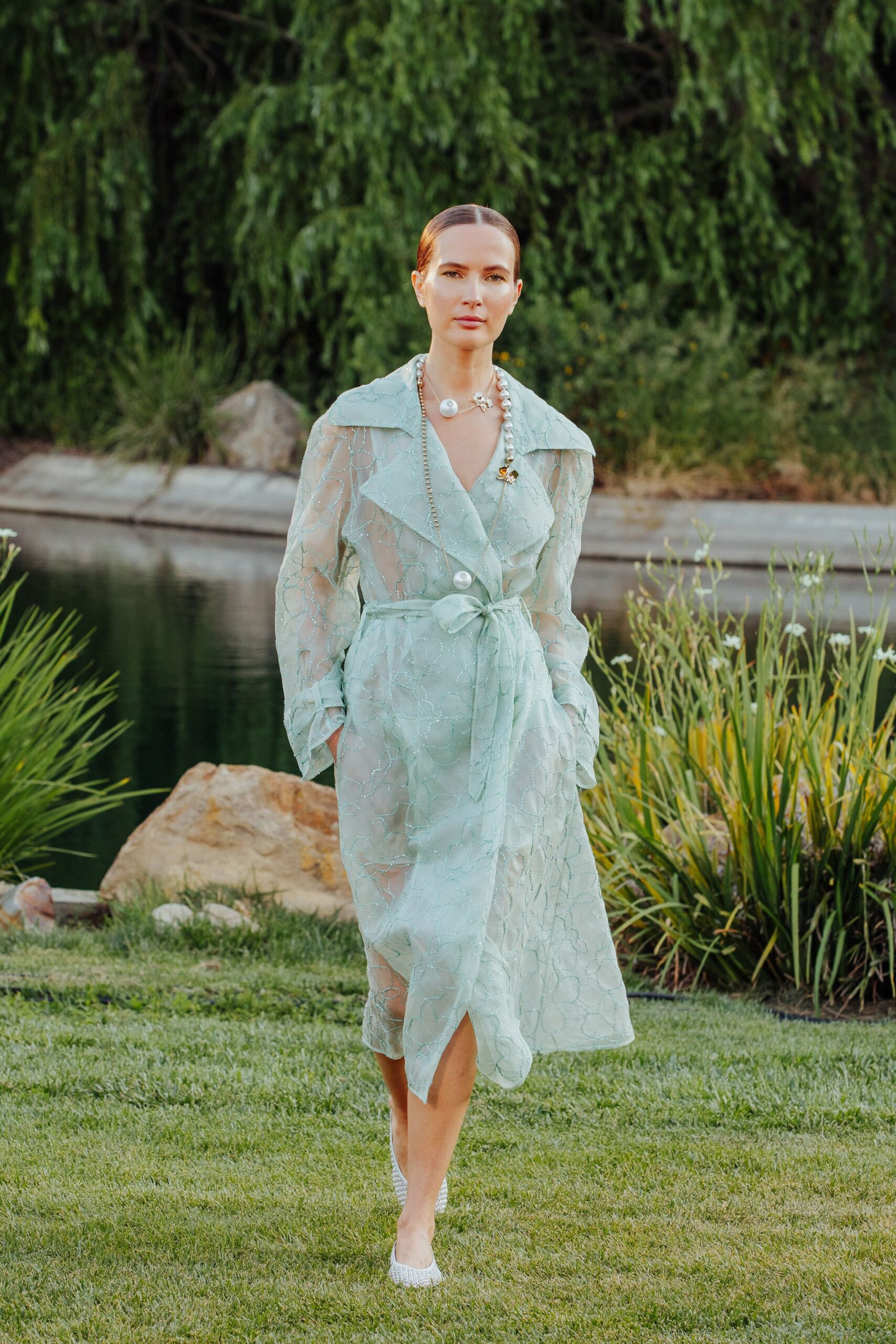 green chiffon long-sleeve collared fitted embroidered belted dress